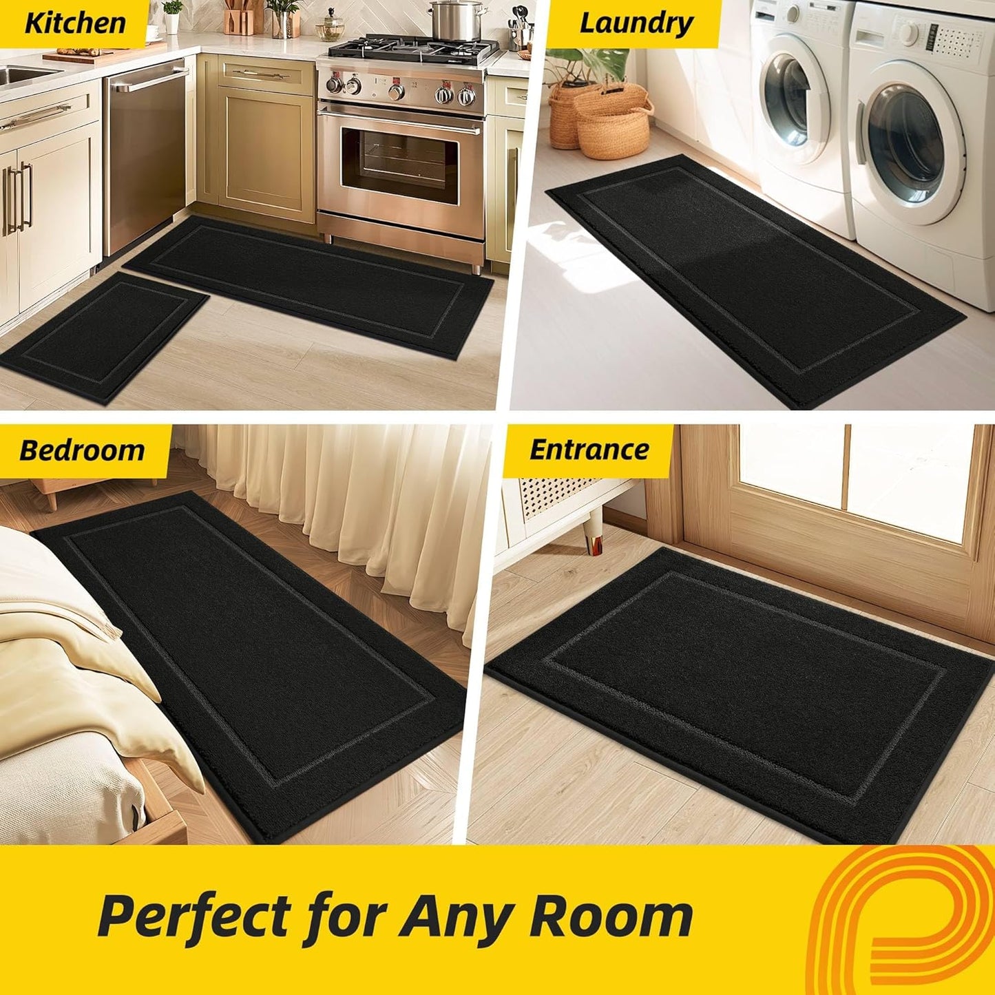 JSEI Non-Slip Kitchen Mats, Self Adhesive No Sliding Kitchen Rugs Set of 2, Washable Absorbent Floor Mat for Kitchen, Bathroom, Laundry Room, Bedroom, 20”x32”+20”x48”, Black, Rectangular Pattern