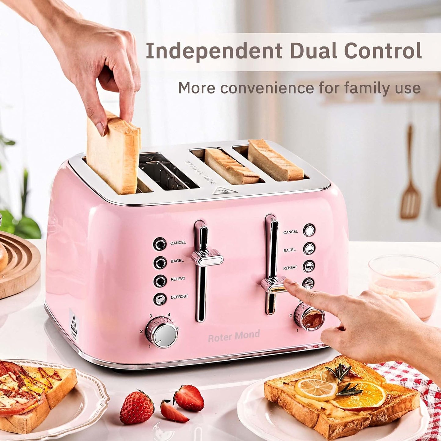 Toaster 4 Slice Retro Stainless Steel with Extra Wide Slots Bagel, Defrost, Reheat Function, Dual Independent Control Panel, Removable Crumb Tray, 6 Browning Levels, Pink