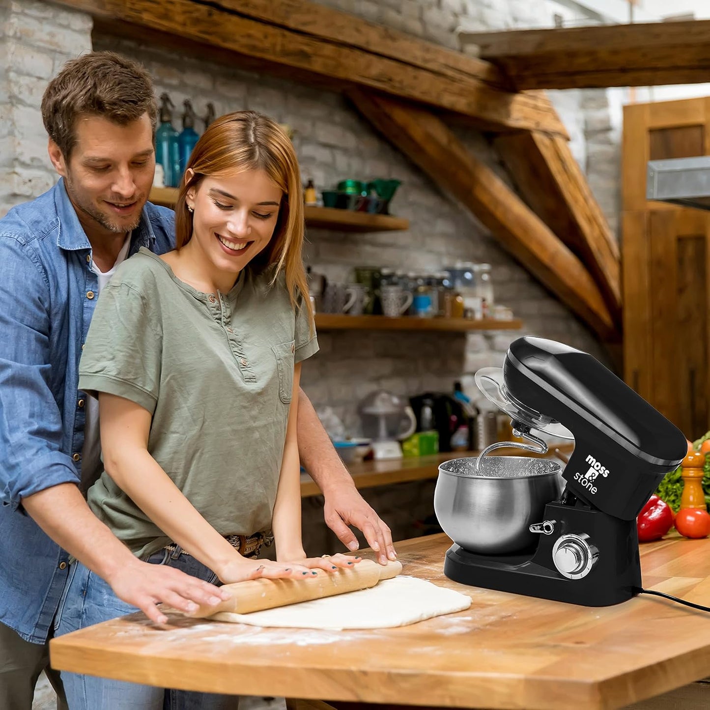 Moss & Stone Black Stand Mixer, 6 Speed Electric Mixer With 5.5 Quart Stainless Steel Mixing Bowl, Black Body Kitchen Mixer With Dough Hook, Egg Whisk, Beater & Baking Spatula, Classic Food Mixer