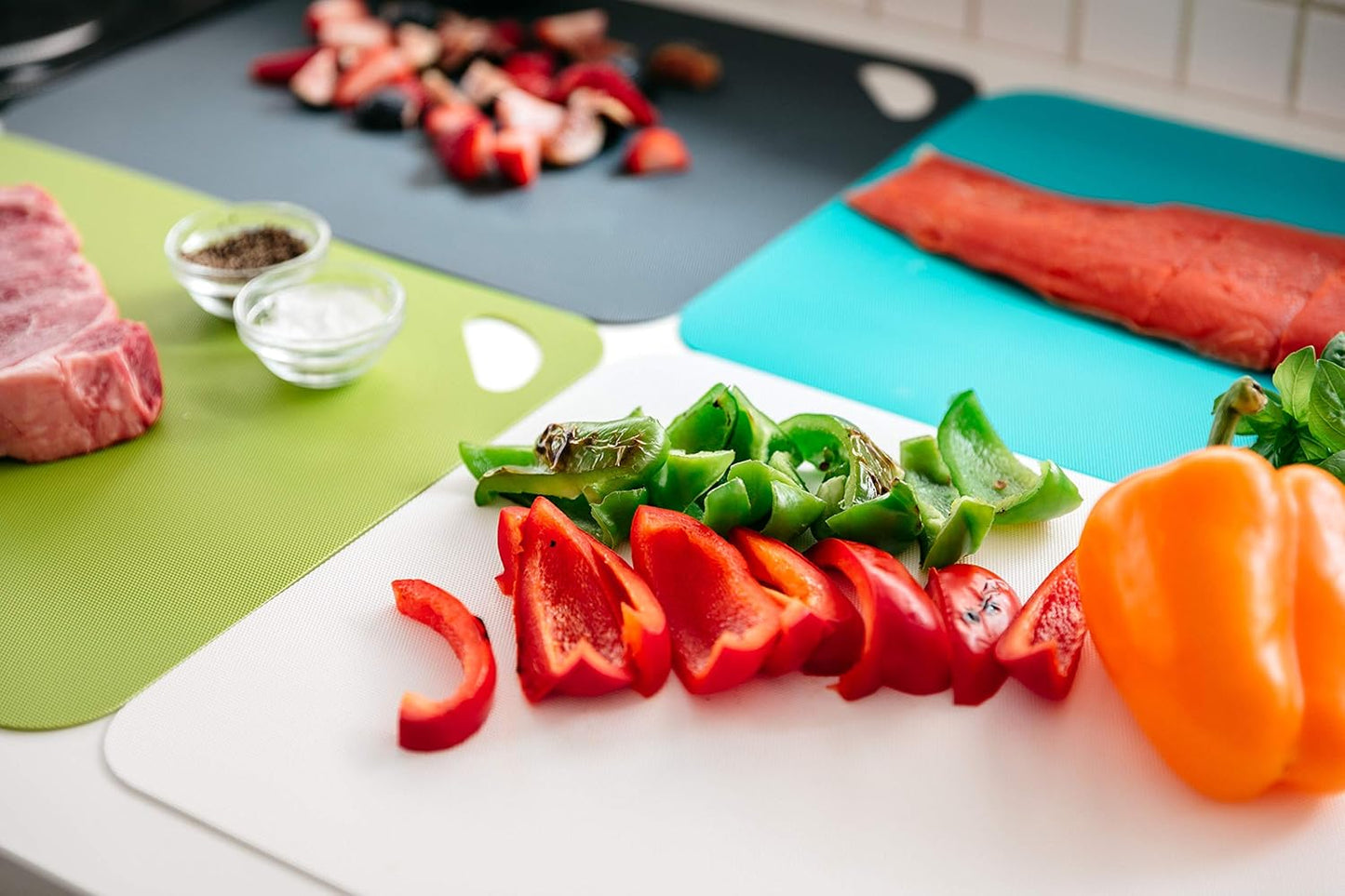 Dexas Heavy Duty Cutting Board Grippmat, Flexible Cutting Boards for Kitchen, Set of 4, Non Slip Plastic Board Cutting Mat 11.5 by 14 inches, Gray, Turquoise, White, Green Set Kitchen Gadgets