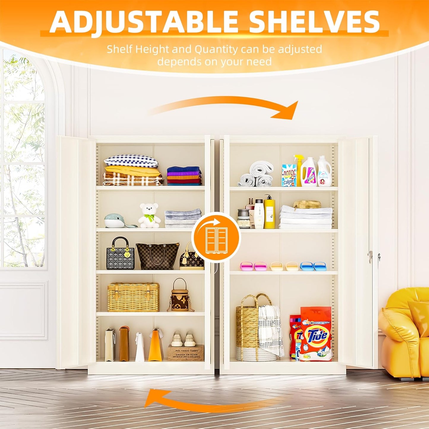 INTERGREAT Metal Garage Storage Cabinet, Black Lockable File Cabinet with 2 Doors and 4 Adjustable Shelves, Tall Steel Tool Cabinets for Office, Home, Garage, School, Gym