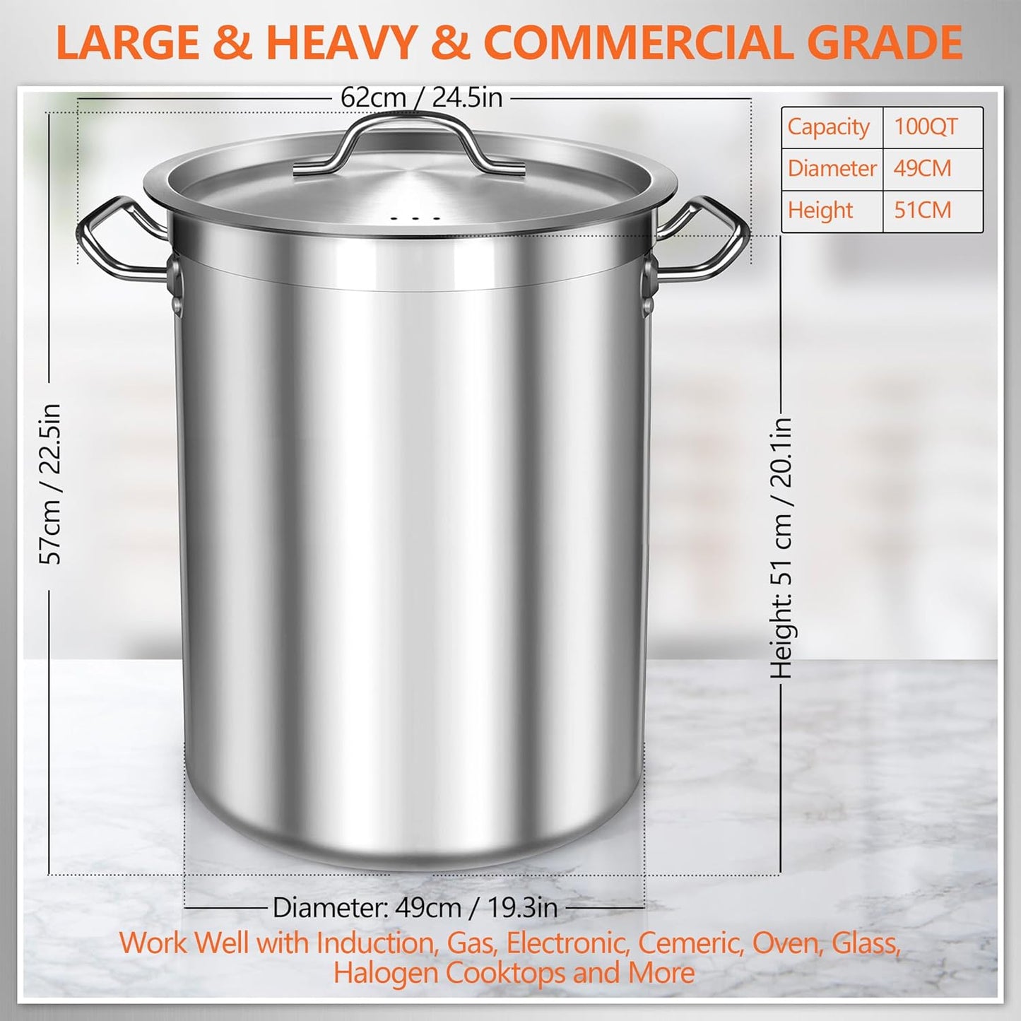 100 Quart Stainless Steel Stock Pot with Lid – Giant Heavy Duty Cooking Pot for Soup, Stew, Crawfish – Commercial Grade, Induction Compatible – Ideal for Catering & Bulk Cooking