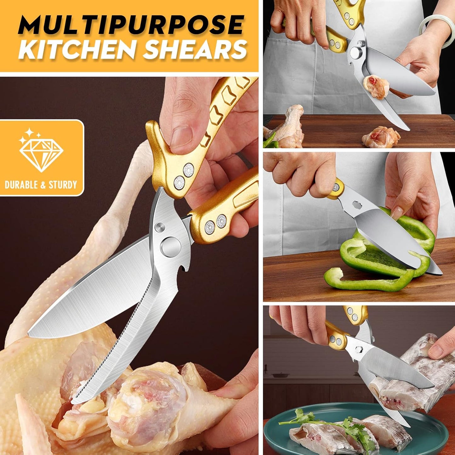DRAGON RIOT Heavy Duty Poultry Shears - A Must Have Kitchen Shears for Chicken and Meat Cutting - Dishwasher Safe and Stainless Food Kitchen Scissors for Thanksgiving(Golden)