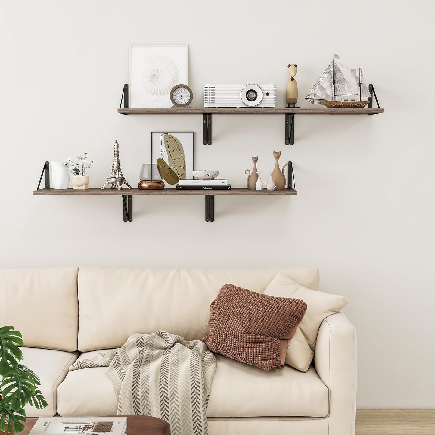 Heimlove Deep Floating Shelves for Wall, 12 Inch Deep Floating Shelves Set of 3, 16W x 12D Wood Wall Shelves, Wide Wood Shelves with Metal Bracket for Living Room, Kitchen, Office, Bedroom - Grey