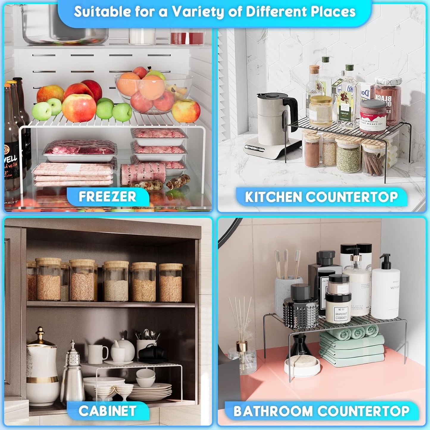 Large(15.7 x 9.4 inch)Black Cabinet Storage Shelf Rack Set of 6, Rustproof Metal Wire Kitchen Counter Organizers and Storage, Spice Organization for Cabinet, Plate, Dish, Pantry, Bathroom, Fridge