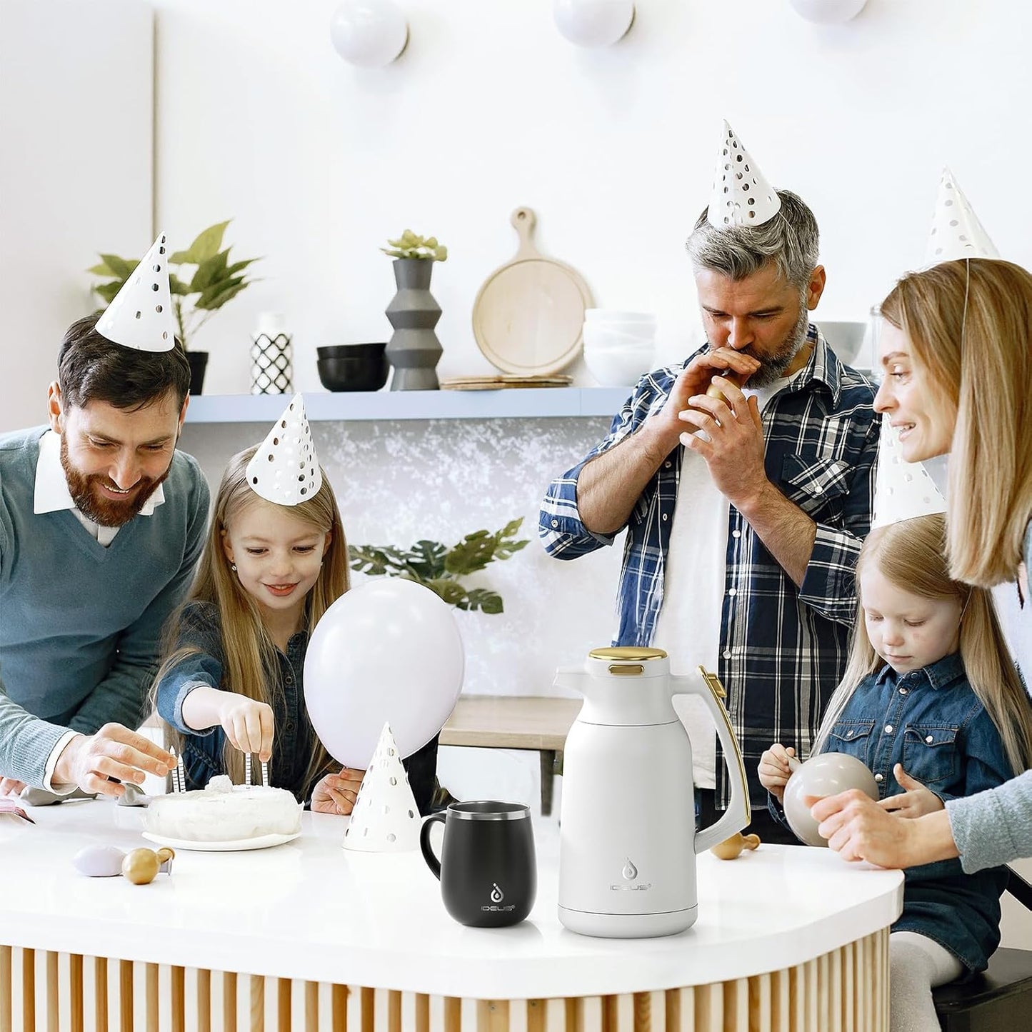 IDEUS Thermal Coffee Carafe 68oz (2,000ml), Stainless Steel Double Wall Insulated Vacuum Flask, Water Jug Coffee Server and Beverage Dispenser, Heat and Cold Retention (White-Gold, 68oz (2,000ml))