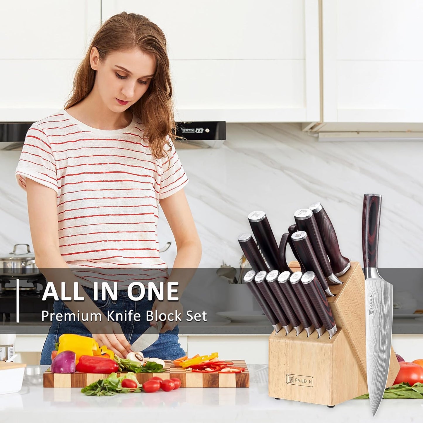 PAUDIN Kitchen Knife Set with Block, 14 Pieces Knife Sets for Kitchen with Block, High Carbon German Stainless Steel Sharp Chef Knife Set with Ergonomic Pakkawood Handle
