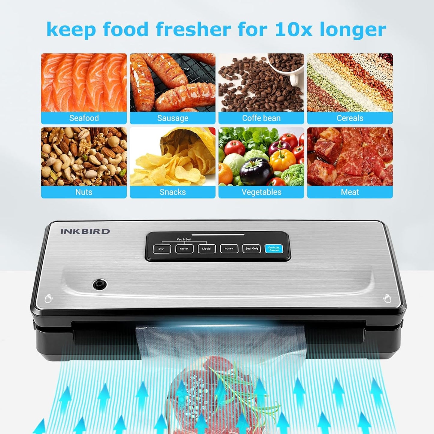 INKBIRD Vacuum Sealer Machine with 5 Vacuum Seal Rolls(Total to 110ft) and 8''*12'' Food Sealer Bags*5, Compact Food Sealer Machine with 10-In-1 Easy Option for Food Preservation,Sous Vide