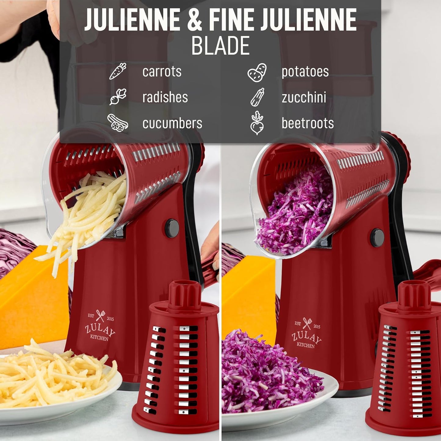 Zulay Kitchen Rotary Cheese Grater 5 Blade Cheese Shredder - Manual Hand Crank Cheese Grater With Reinforced Suction & 5 Interchangeable Drums - Easy to Use, Vegetable Chopper Round Mandoline Slicer