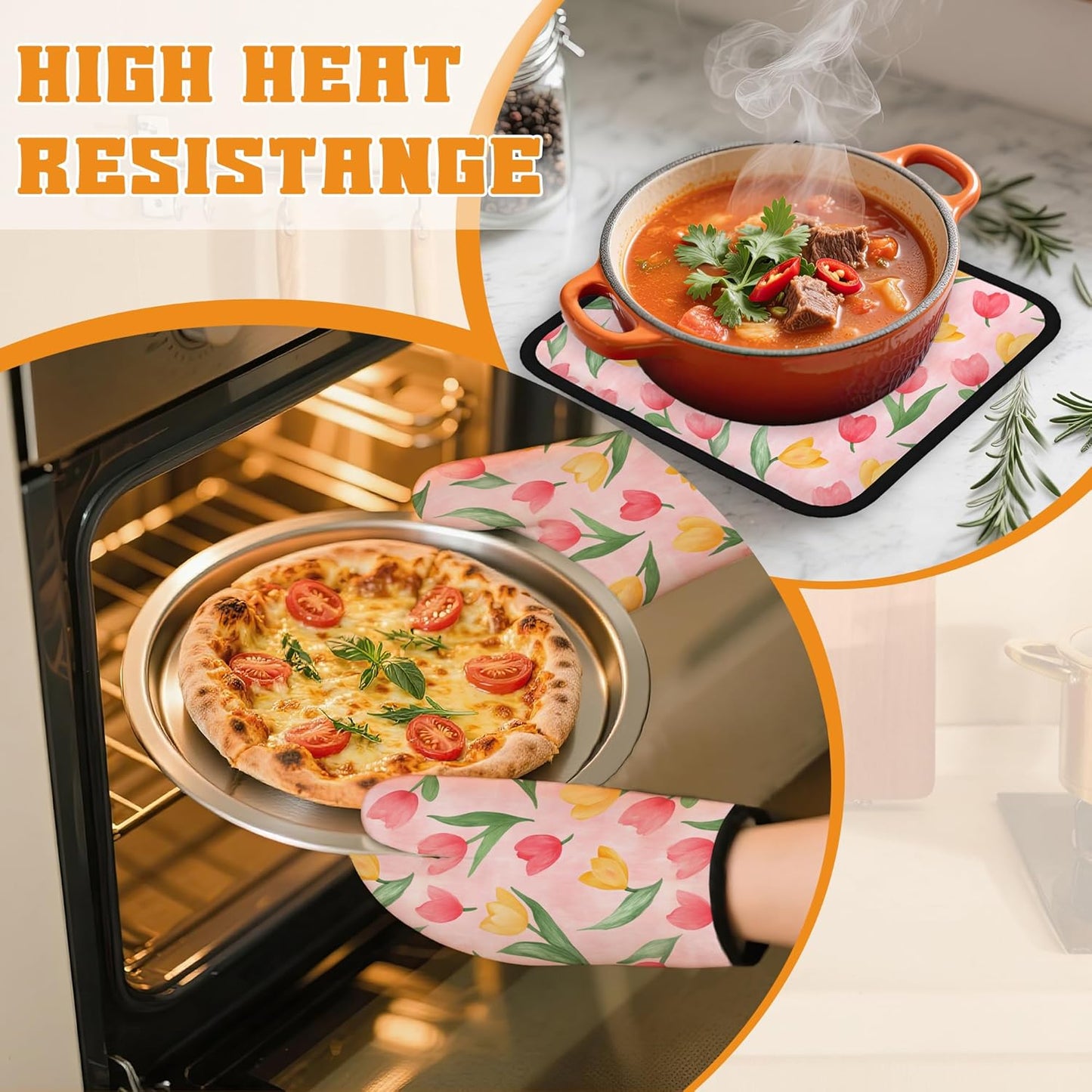 Pink Tulip Oven Mitts and Pot Holders Set,Spring Summer Kitchen Decor Heat Resistant Non Slip Hot Pads and Oven Mitt for Chef Cooking Baking BBQ Mom Girl Gifts(4 Piece Set)