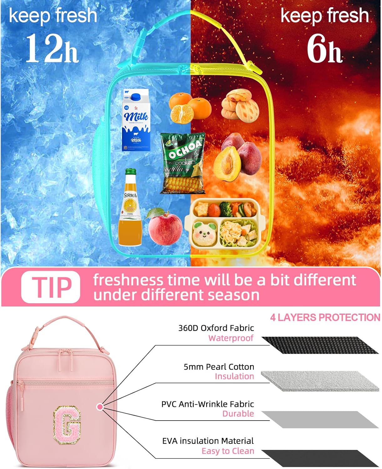 Initial Insulated Lunch Bag for Girls Kids, Back to School Gift, Reusable Leak-proof Lunch Box with Adjustable Strap for School Daycare Travel Picnic (Pink,G)