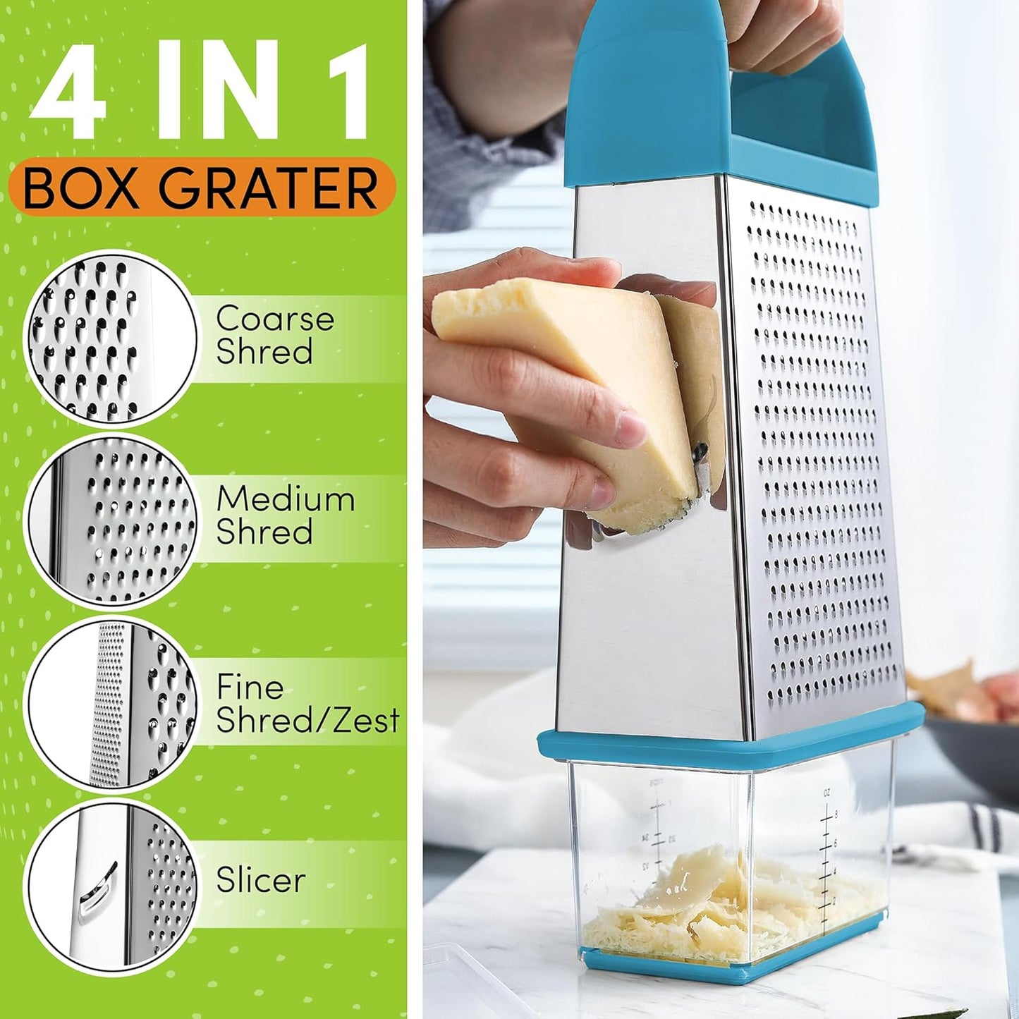 Spring Chef Professional 10" Parmesan Cheese Grater With Container, Stainless Steel & Soft Grip Handle, 4 Sided Kitchen Cheese Shredder Handheld Box Grater for Vegetables, Carrot, Ginger - Aqua Sky