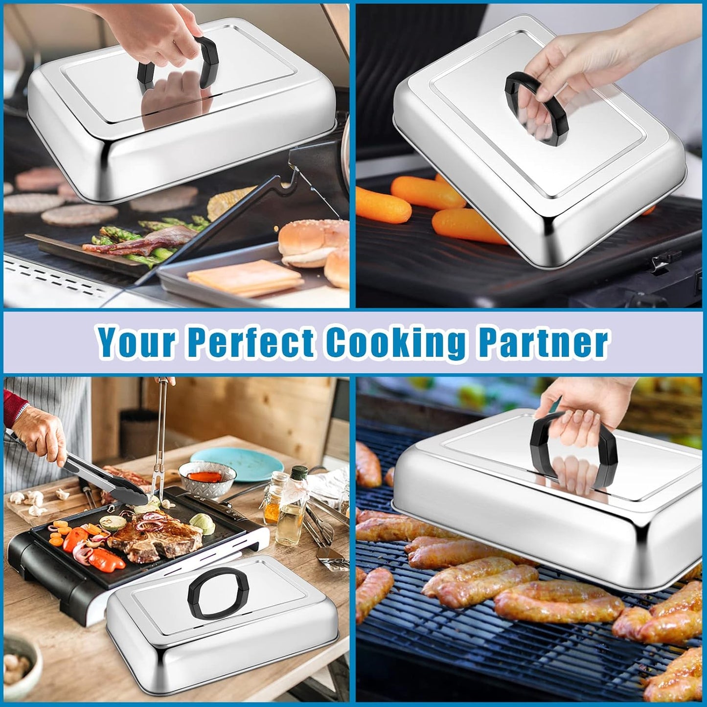 HaSteeL Rectangular Basting Cover, Stainless Steel Cheese Melting Dome Steaming Cover Lid, Heavy Duty Griddle Grill Accessories for Flat Top Teppanyaki BBQ Kitchen Indoor & Outdoor, Dishwasher Safe