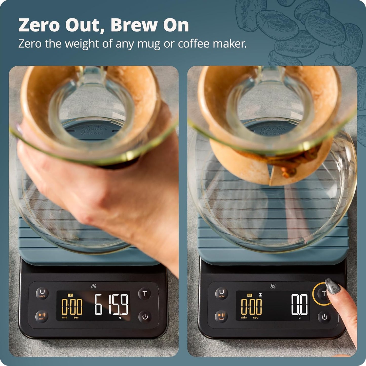 Greater Goods 0.1g Precision Coffee Scale with Timer โ 3kg Digital Scale for Pour-Over, Espresso, French Press, Kitchen Use (Stone Blue)