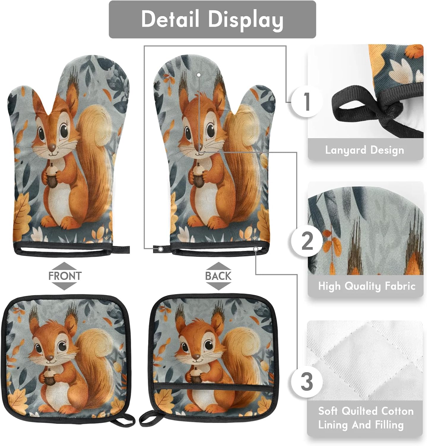 Squirrel Fall Oven Mitts and Pot Holders Sets, 2 Pcs Decorative Kitchen Oven Glove for Cooking