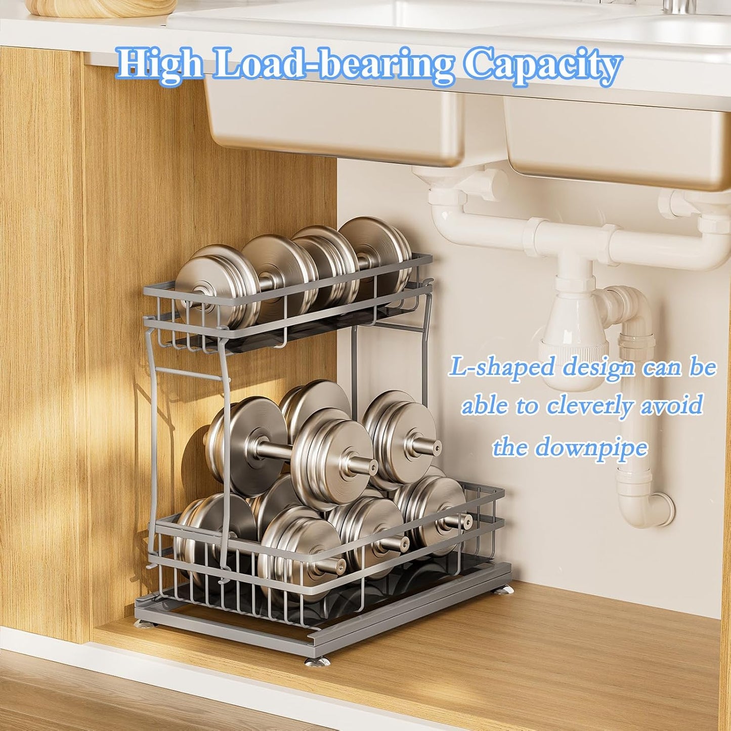 1 Pack Under Sink Organizers and Storage, 2 Tier Pull Out Cabinet Organizer, Metal Sliding Drawer Storage for Kitchen Bathroom,Gray