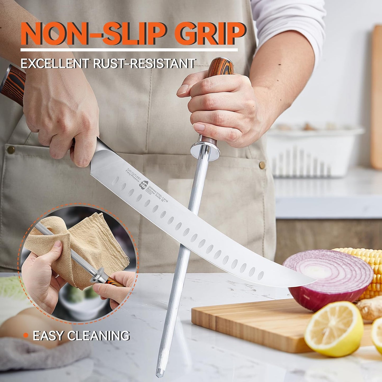 TUO Honing Steel, 10 Inch Knife Sharpener Rod with Pakkawood Handle for Kitchen Knives Daily Sharpening Maintenance - Fiery Phoenix Series