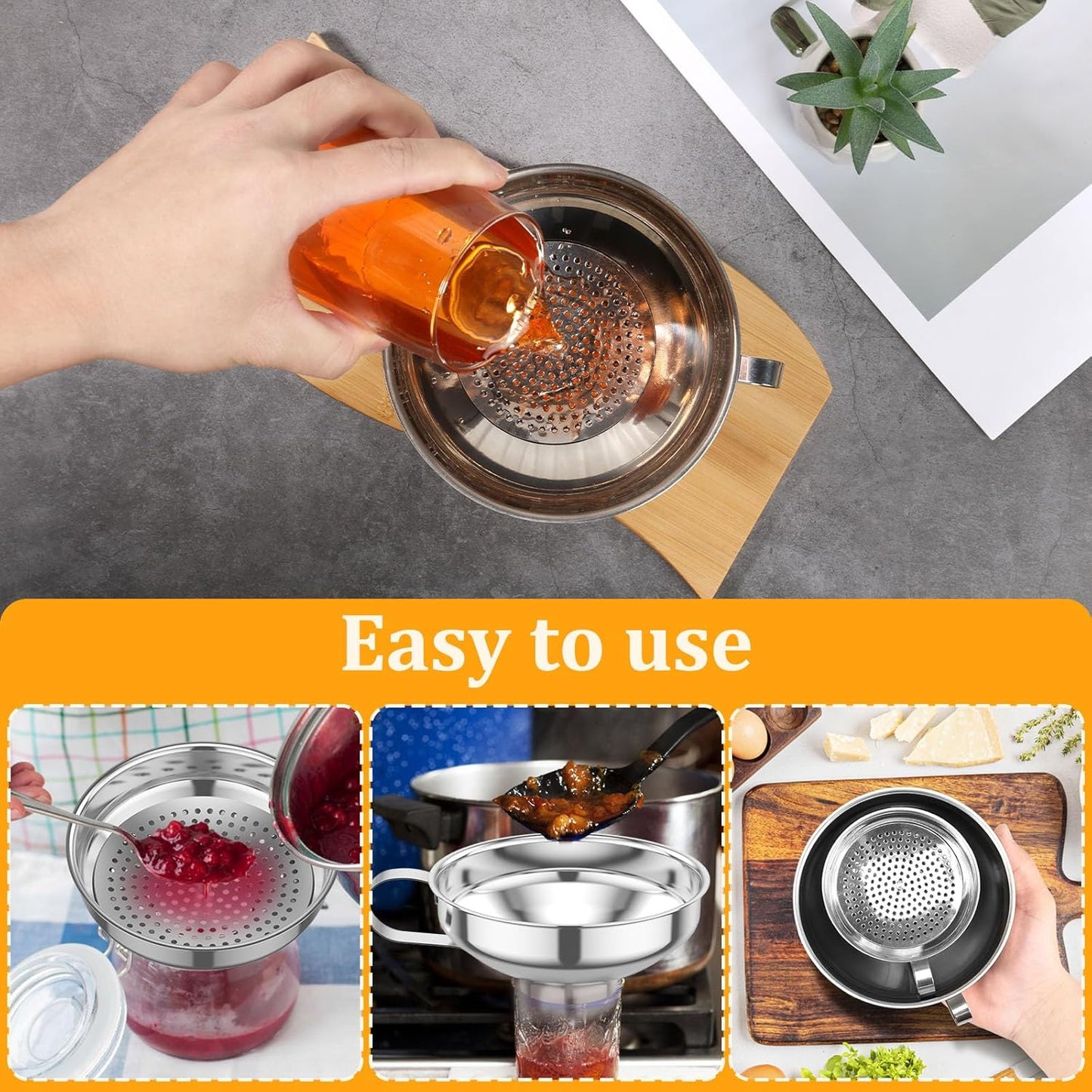 3 Pcs Canning Funnel with Strainer Stainless Steel Wide Mouth Kitchen Stackable Mason Jar Funnel for Filling Bottles