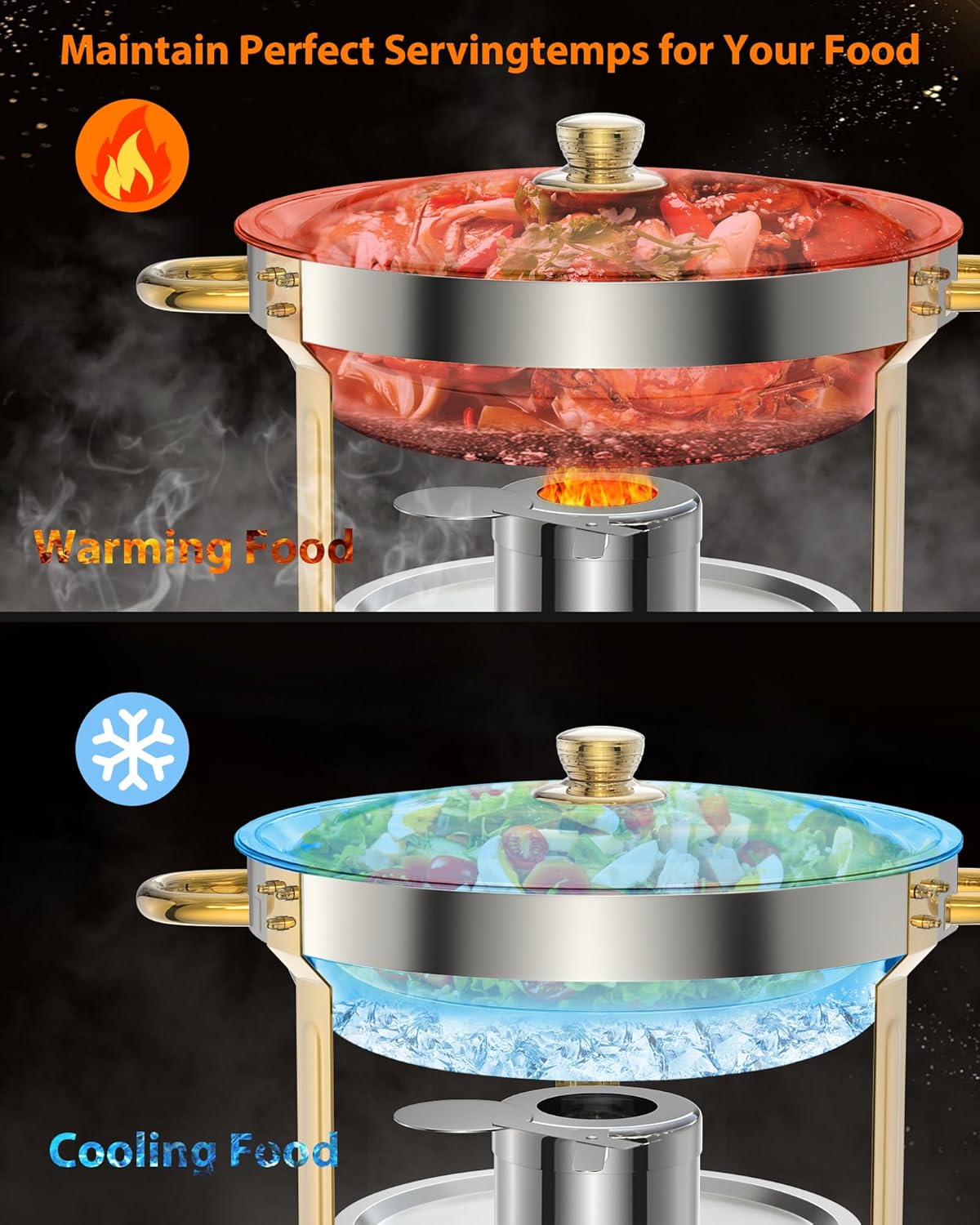 5QT 6 Packs Chafing Dish Buffet Set, NSF Round Stainless Steel Chafers and Warmers Food Servers Sets with Lid & Lid Holder, Spoon & Tweezer for Catering Events Parties Weddings Dinners, Gold