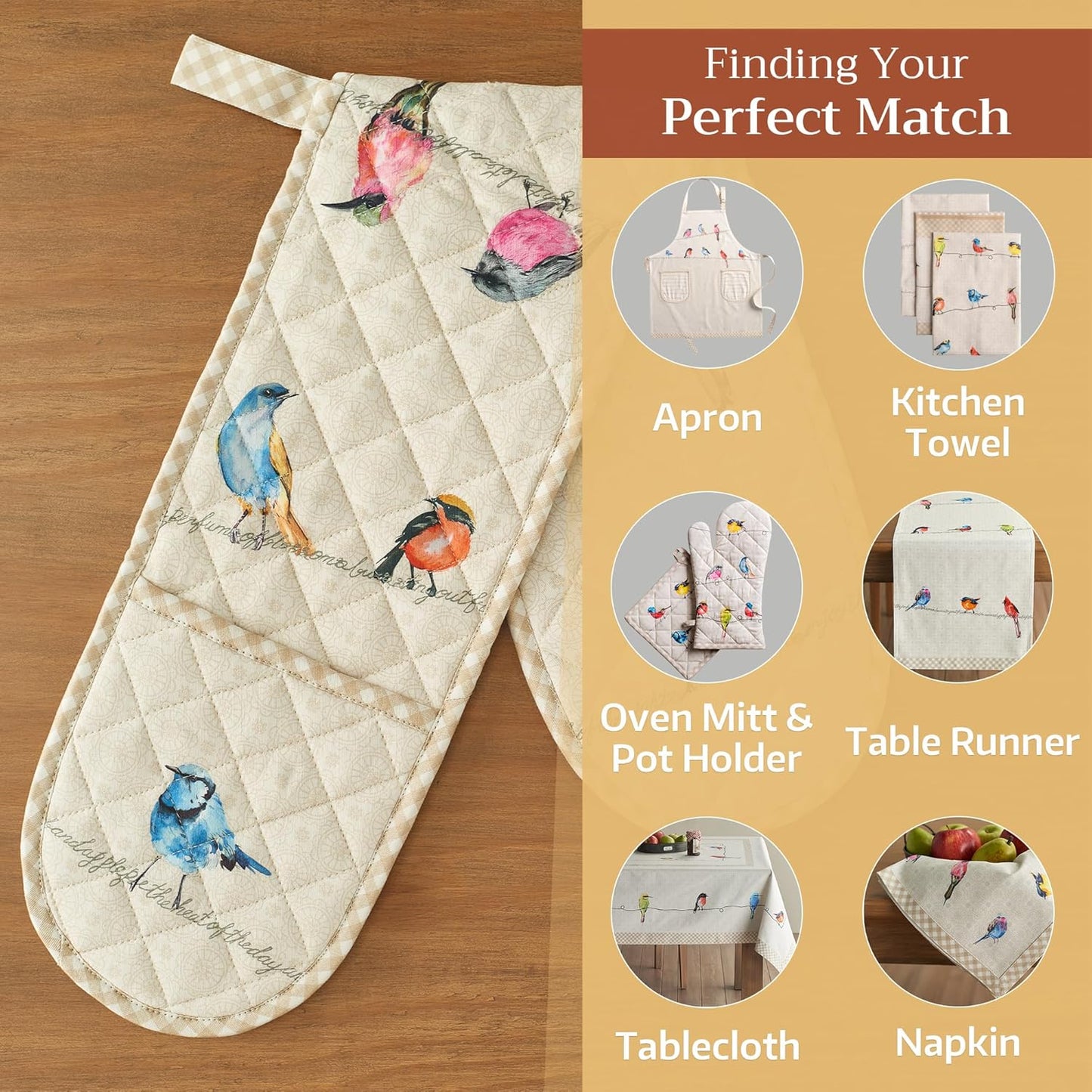 Maison d' Hermine Double Oven Mitts 100% Cotton 7"x35" Double Oven Mitt Heat Resistant BBQ Cooking Gloves with Loop, Baking, Grilling, Home, Kitchen, Handling Hot Pans Spring Summer (Birdies On Wire)