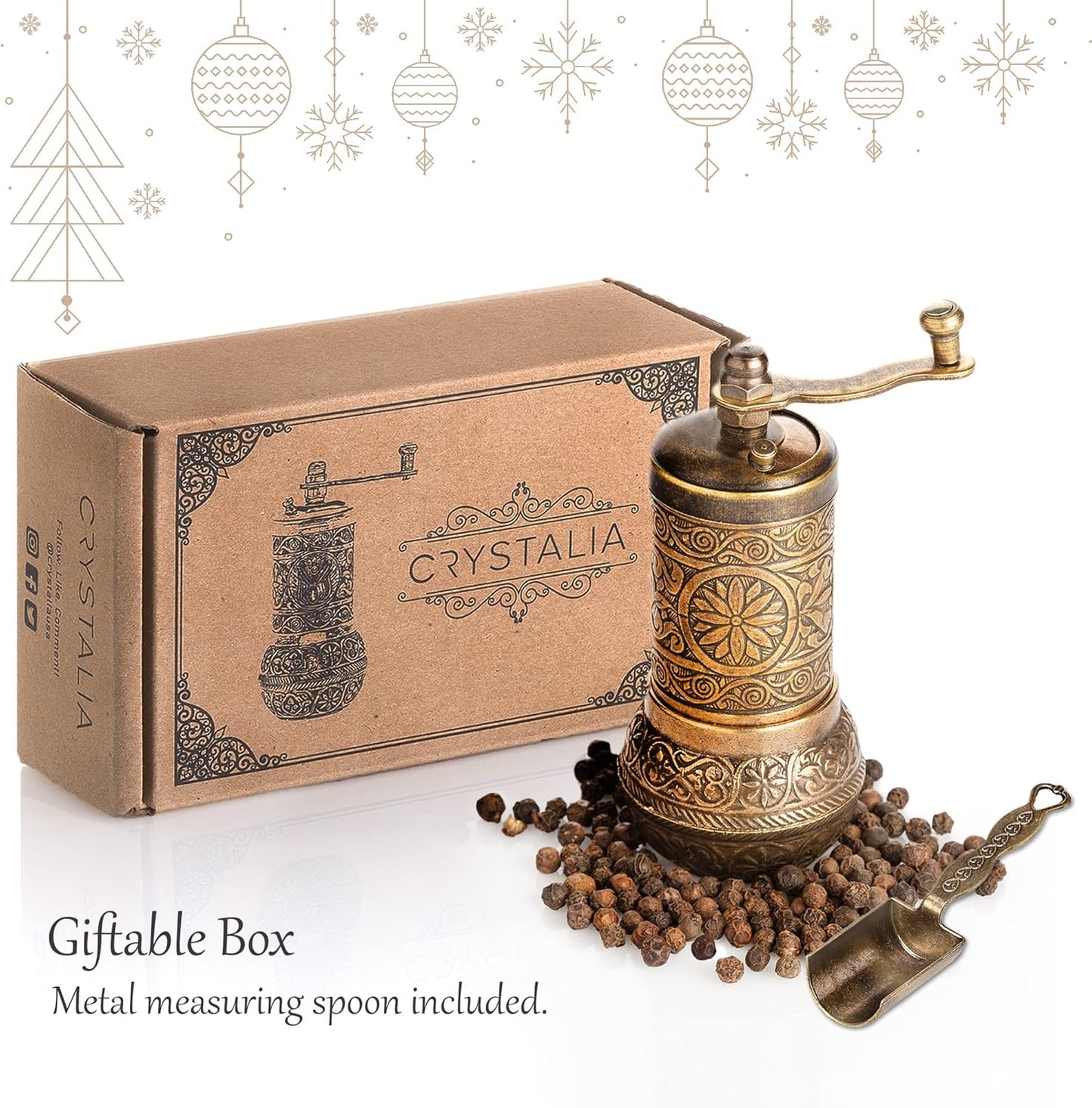 Decorative Black Pepper Grinder, Refillable Turkish Spice Mill with Adjustable Coarseness, Manual Pepper Mill with Handle, Spice Grinder Metal with Hand Crank, Antique Gold