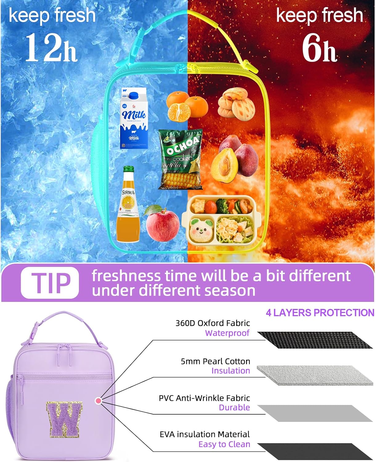 Initial Insulated Lunch Bag for Girls Kids, Back to School Gift, Reusable Leak-proof Lunch Box with Adjustable Strap for School Daycare Travel Picnic (Purple,W)