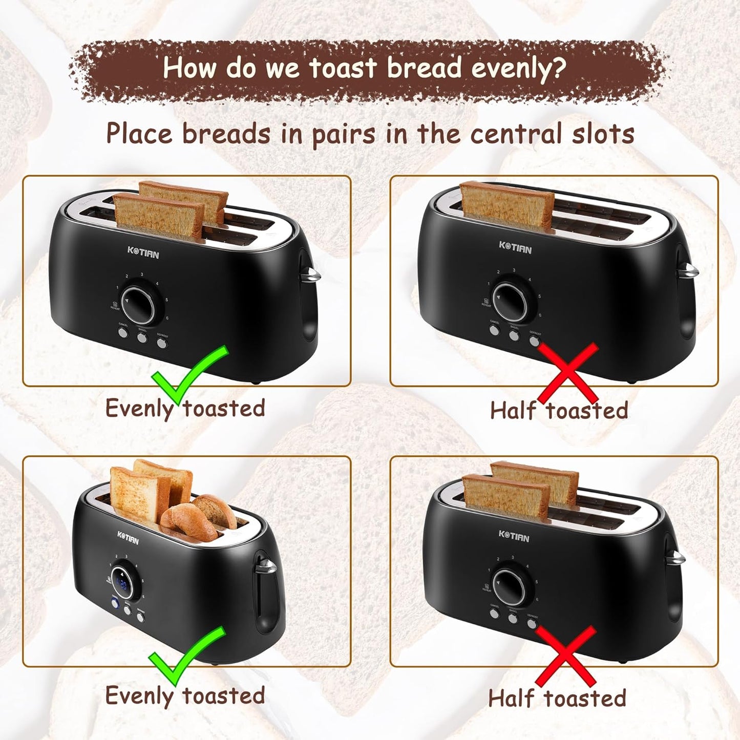 Toaster 4 Slice,KOTIAN Retro Long Slot Toasters with Countdown Timer,Stainless Steel Toaster,Bagel,Defrost,Reheat,Cancel Functions,Extra Wide Slots,6 Toast Settings,Removable Crumbs Tray,Matte black