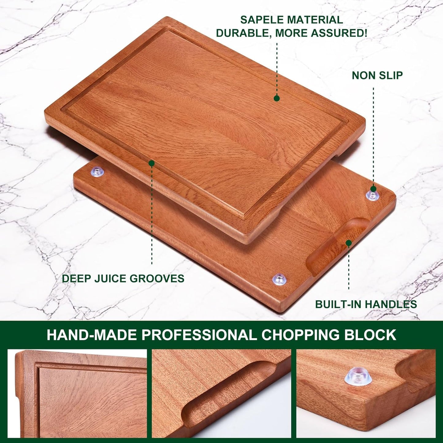 Wooden Cutting Board Set of 4 with Holder Non Toxic Solid Sapele Wood Chopping Boards for Kitchen with Juice Grooves Thick Large Cutting Board (9x7 to 16x12 In) for Meat Vegetables Cheese (Brown)