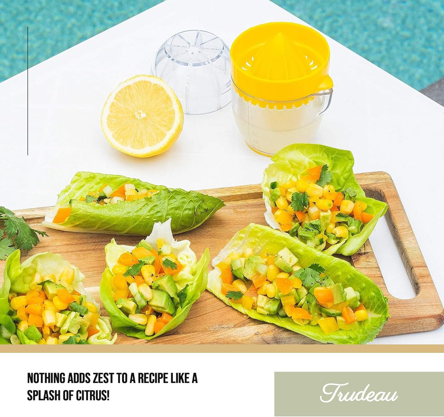 Trudeau Lemon Squeezer with Integrated Strainer – Compact Citrus Juicer with 1/2 Cup Capacity, Calibrated Container & Pouring Spout – BPA-Free & Dishwasher Safe – Original Trudeau Design