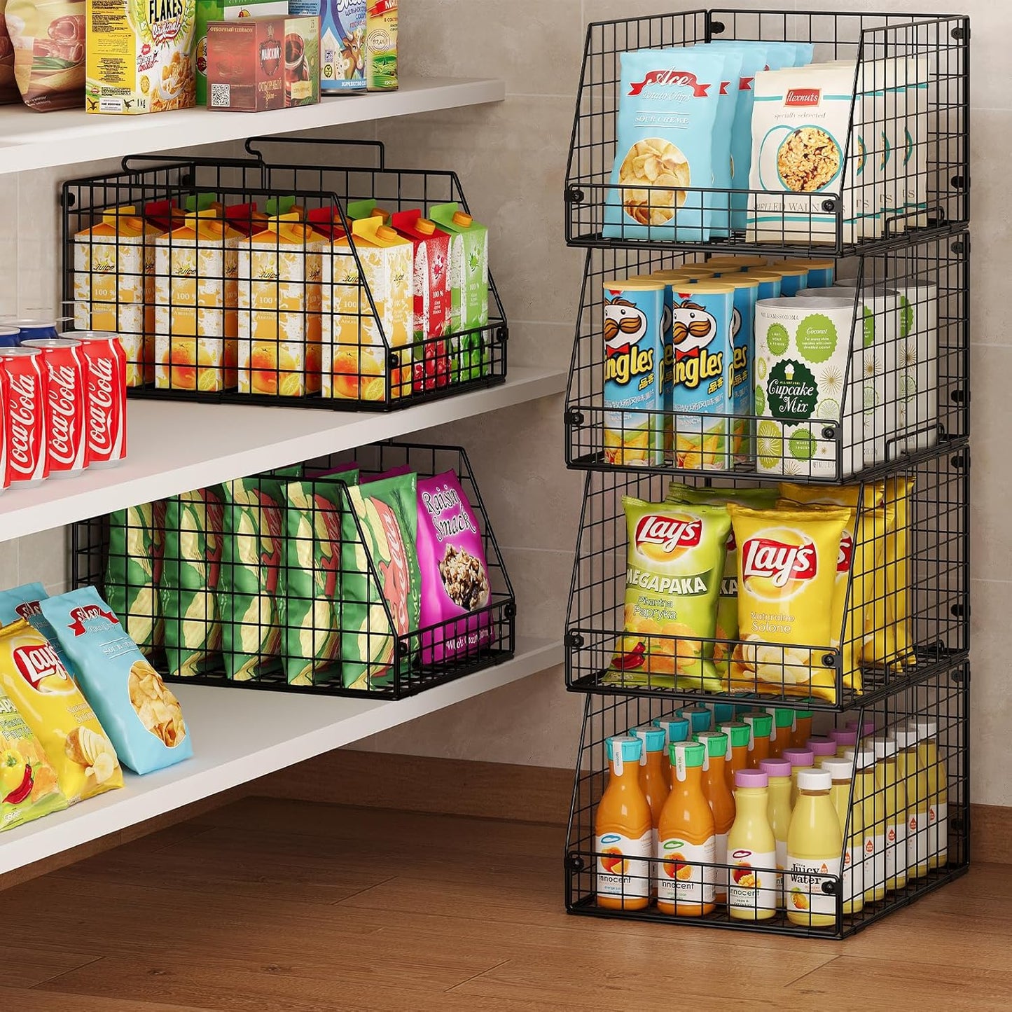 5 Pack XXL Stackable Wire Storage Basket, Extra Large Capacity Pantry Organizer and Storage, Muti-Purpose for Fruit Vegetable Basket & Toy Bin & Snack Organizer