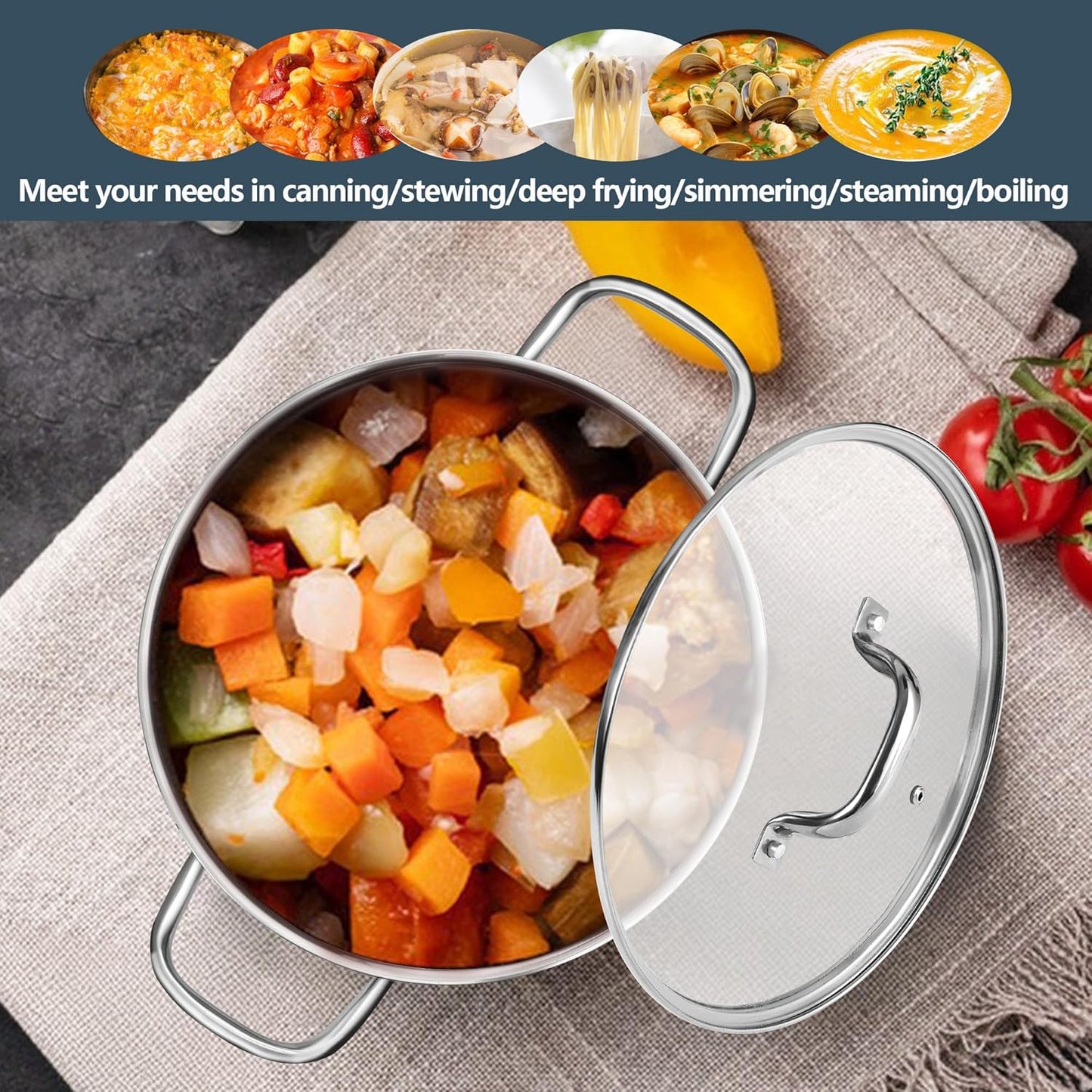 E-far 12 Quart Cooking Stock Pot, Large Stainless Steel Pot for Canning Simmering Stewing, Heavy Duty Cookware with Tri-ply Base for Induction Gas Stoves, Soup Pots with Glass Lid, Dishwasher Safe