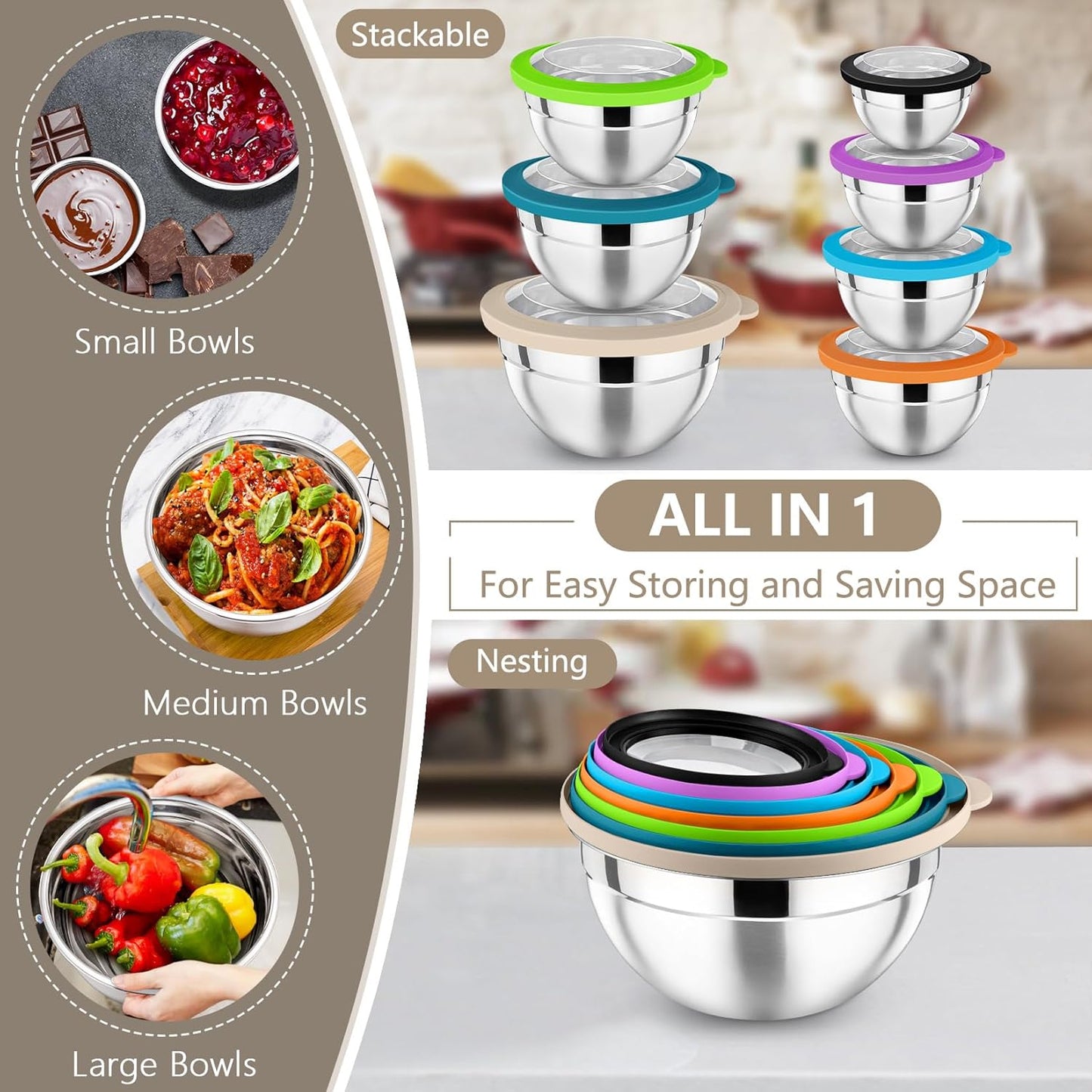 P&P CHEF Mixing Bowl with Lid Set of 7, Stainless Steel Nesting Salad Bowls for Cooking Serving Prepping, Clear Lids & Stackable Design, Size 4.6, 3.5, 3, 2, 1.5, 1, 0.7 Qt - Multicolor