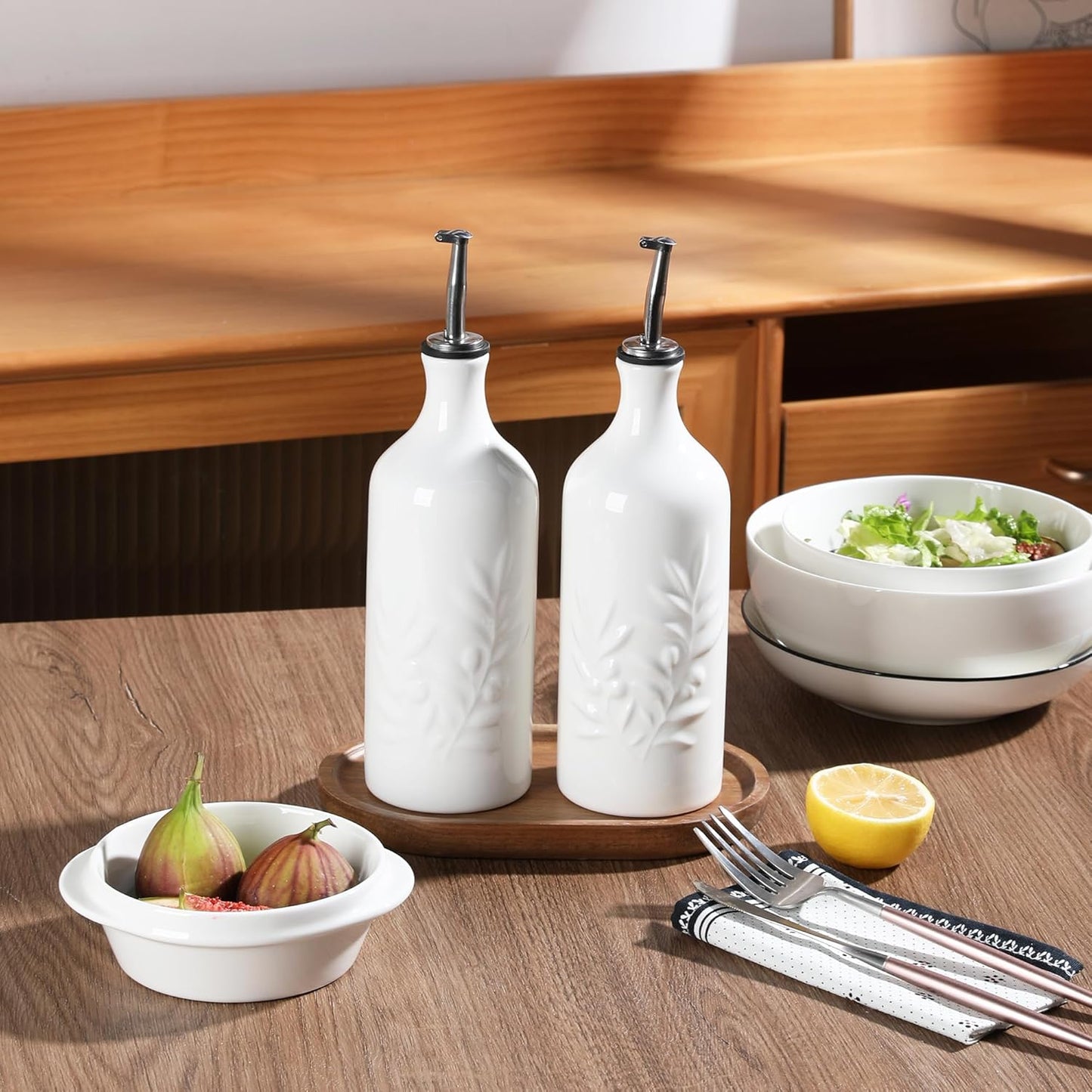 Sweejar Ceramic Olive Oil Dispenser Bottle, 20 Oz Relief Opaque Oil Cruet Protects To Reduce Oxidation, Suitable for Storage,Vinegar, Soy Sauce,Liquids,Set of 2 (White White)