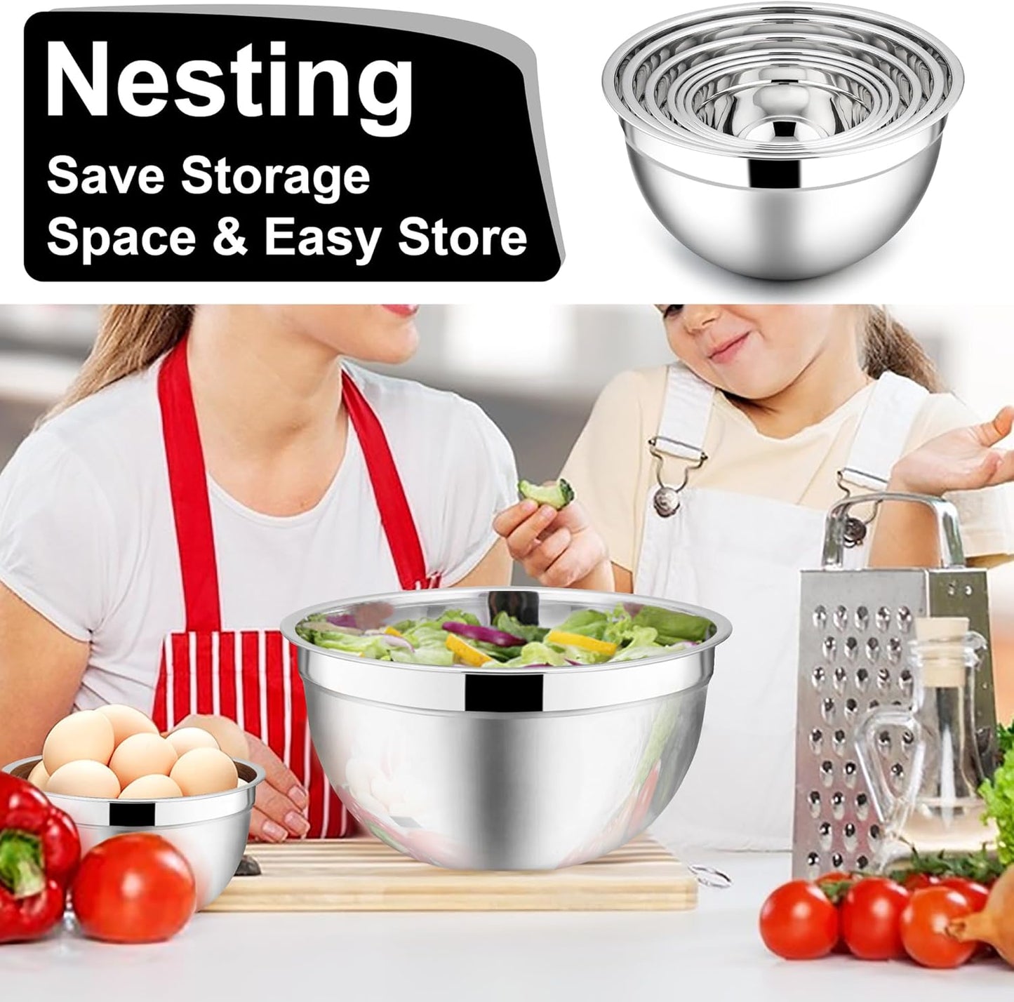 E-far Mixing Bowls with Lids, 12-Piece Stainless Steel Salad Bowls Metal Nesting Bowls for Baking Cooking and Prepping, Airtight Lids & Stackable Design, Size 7, 4.5, 3, 1.5, 1.2, 0.7 QT (Black)