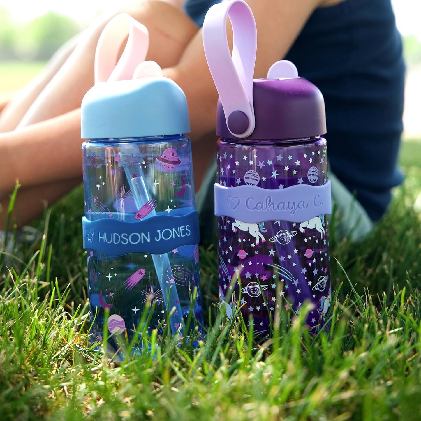 InchBug Orbit Labels - Baby Bottle Name Labels for Daycare, Sippy Cup Bands - Engraved Silicone, Reusable, Dishwasher Safe, Matching Color Personalization, 4-Pack (Lavender Gelato)