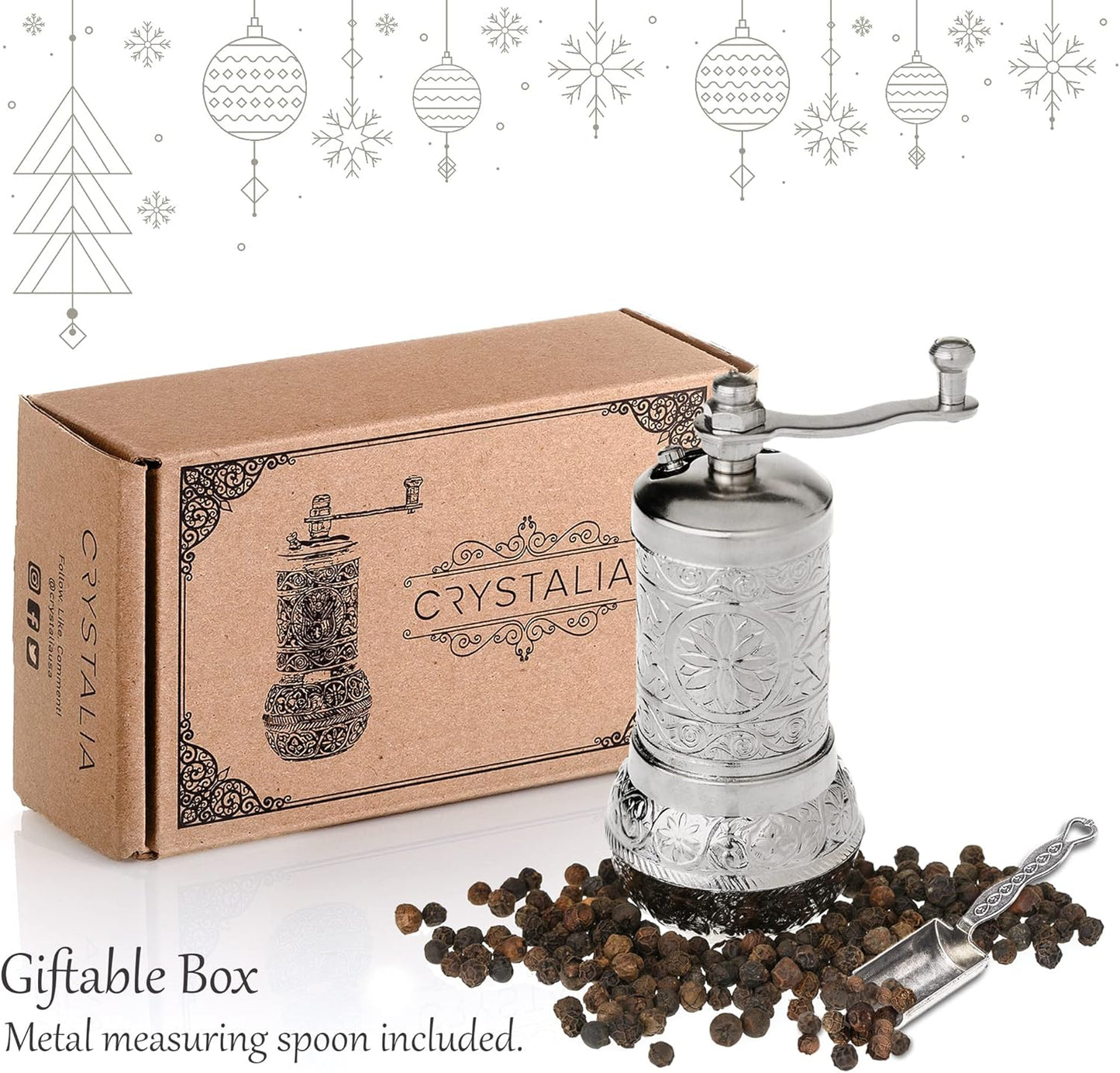 Decorative Black Pepper Grinder, Refillable Turkish Spice Mill with Adjustable Coarseness, Manual Pepper Mill with Handle, Spice Grinder Metal with Hand Crank, Bright Silver