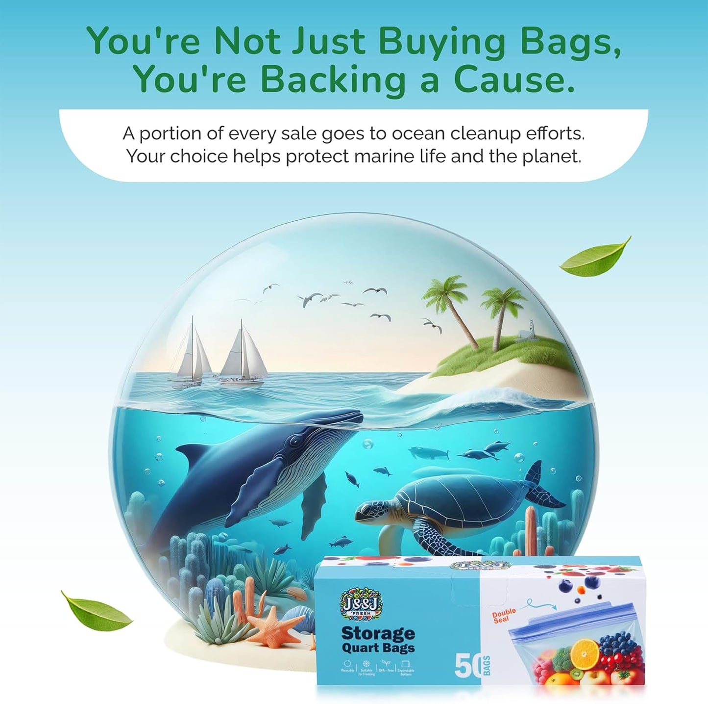 J&&J Fresh Storage Quart Freezer Bags, 50 Pack — Reusable, BPA-Free, Leakproof — Expandable Bottom, Microwave-Safe, Strong Zipper Seal — Quart Bags for Meal Prep & Freezer Storage — Durable & Washable