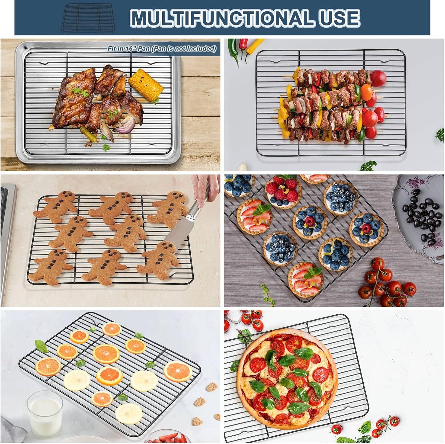 P&P CHEF Cooling Baking Rack Pack of 2, Stainless Steel Cooling Racks for Cooking Baking Roasting Grilling Drying, Dense Wires & Smooth Edge, Easy to clean, Black,15.3" x 11.25"