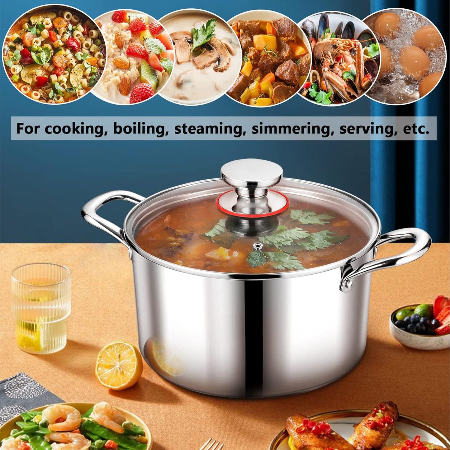 P&P CHEF 6 Quart Tri-Ply Stainless Steel Stock Pot, 6 Qt Stockpot Pasta Cooking Pot with Visible Lid for Soup Vegetable, Induction Cookware for All Stoves, Sturdy & Double Handle, Dishwasher Safe