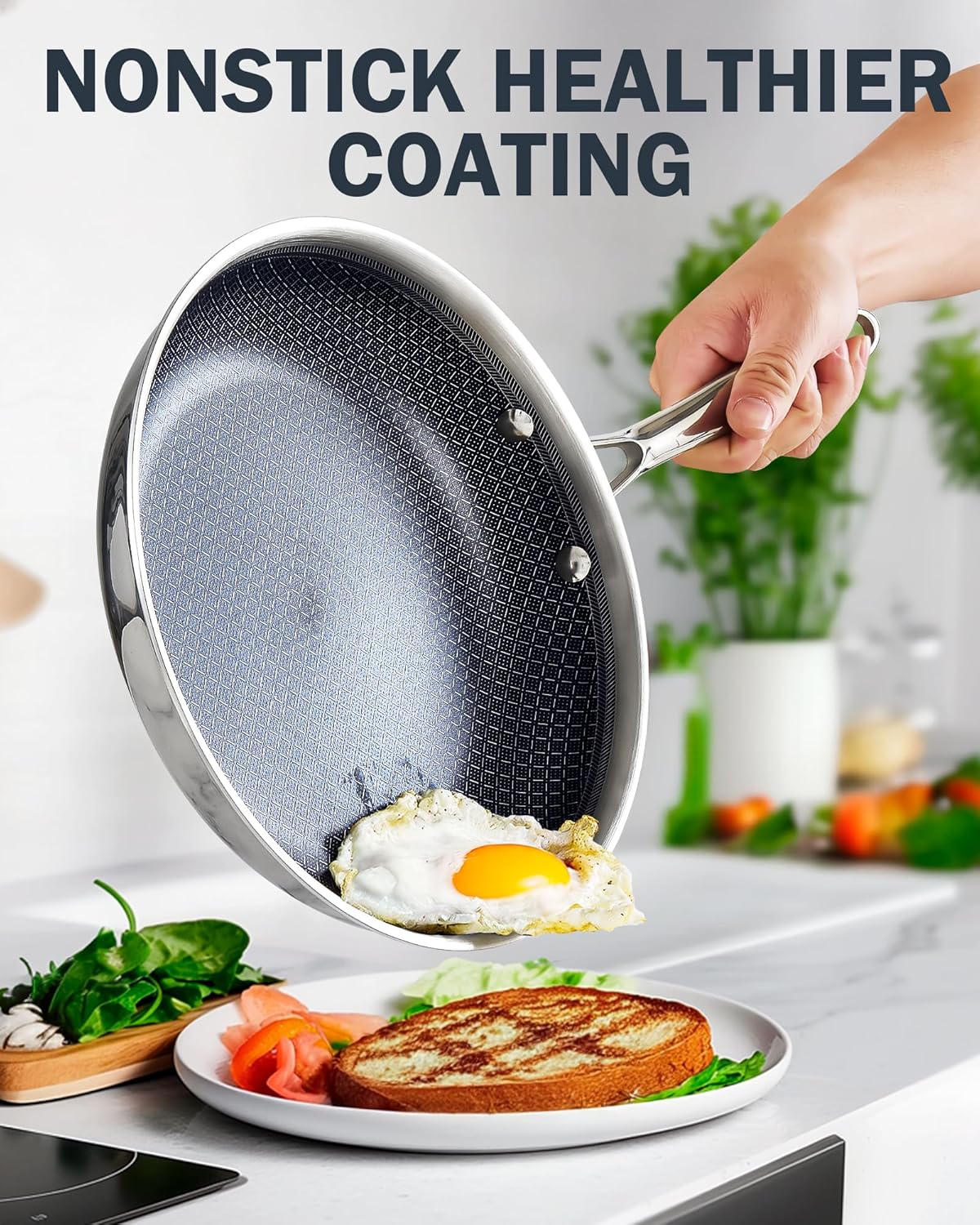 Cooks Standard Hybrid Nonstick Frying Pan Set, 8 and 10-Inch Multi-Ply Clad Stainless Steel 2 Piece Skillet with Tempered Glass Lids, Oven Safe, Compatible with All Stovetops