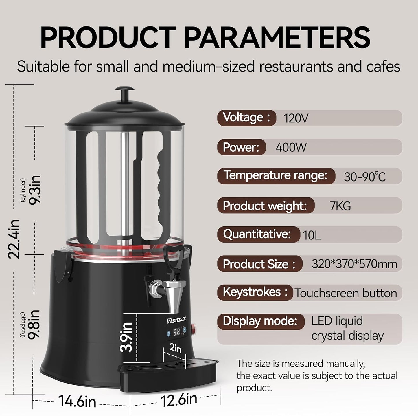 10L Commercial Hot Chocolate Machine 86-194℉ Intelligent temperature control hot chocolate maker, hot beverage dispenser for Chocolate Drink, Cocoa, Milk, Coffee, Juice (10L)