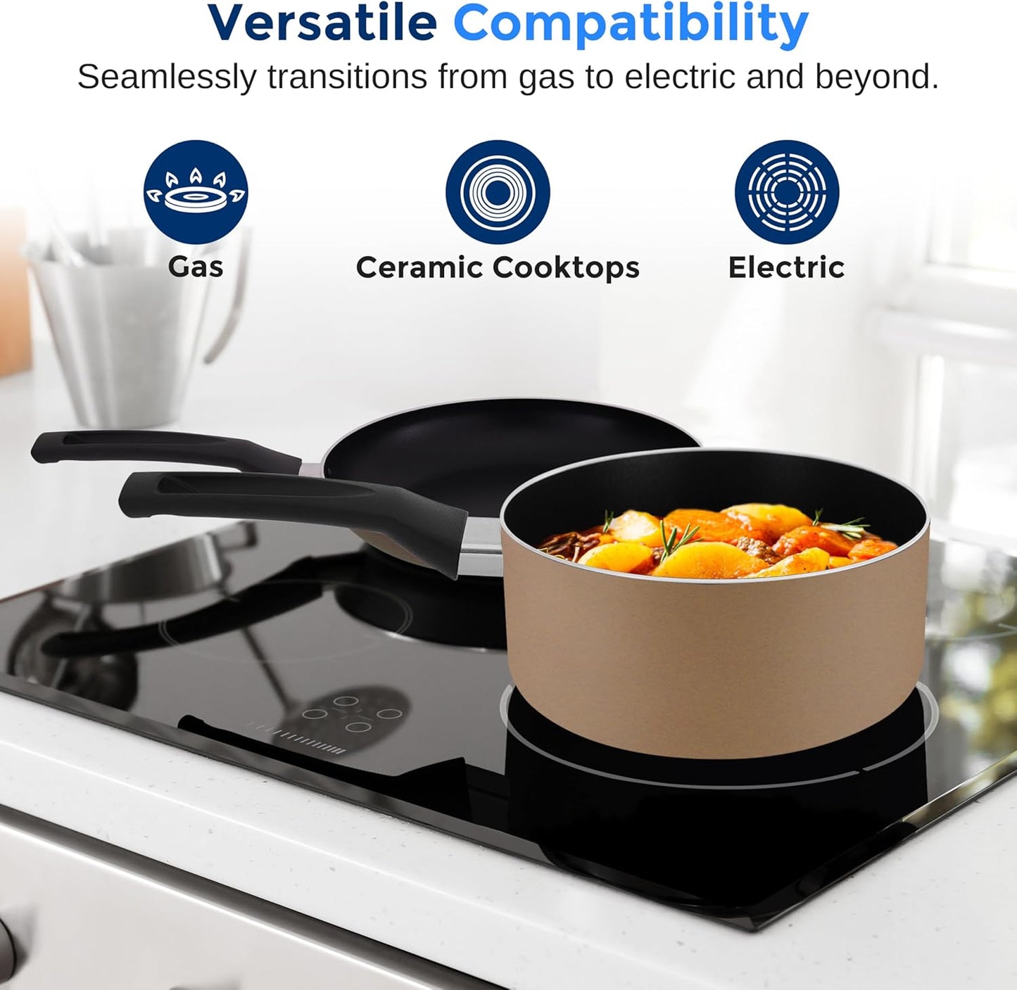SereneLife 6-Piece Pots and Pans Set – Nonstick Cookware, Black Coating, Heat-Resistant, Dishwasher safe, Includes Fry Pans, Saucepans with Lids, Color Gold