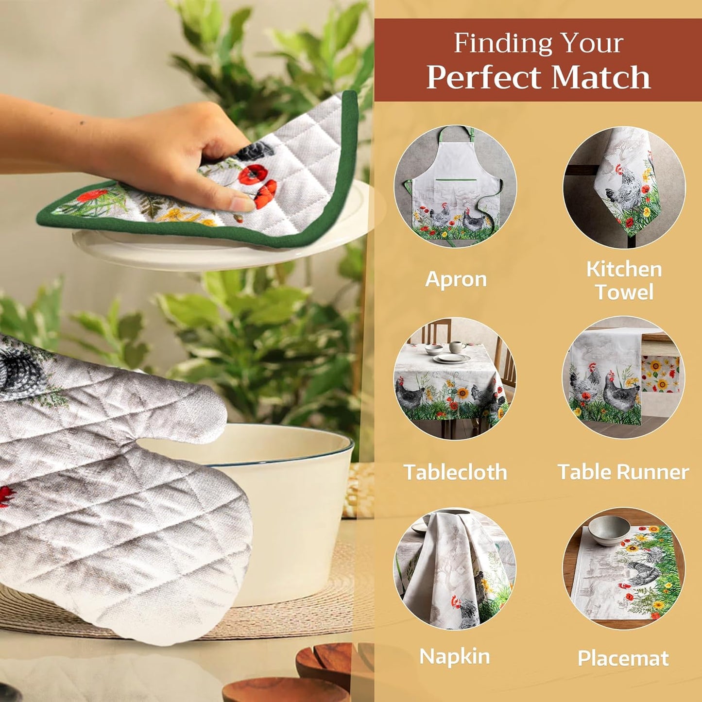 Maison d' Hermine Oven Gloves 100% Cotton Oven Mitt 7" x 13" with Loop Heat Resistant, BBQ, Cooking Gloves, Baking, Grilling, Kitchen, Handling Hot Pans Spring/Summer (Pack of 1, Basse Cour)