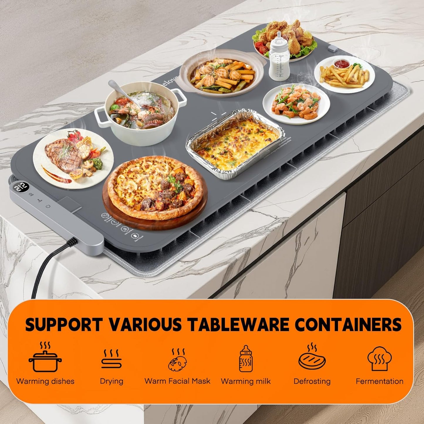 Homelove Food Warming Mat Waterproof - Electric Warming Tray with 6-Level Temperature and Hours Setting, Full Surface Graphene Heating, Dishwasher-Friendly Food Warmer Mat for Parties, Kitchen (Gray)