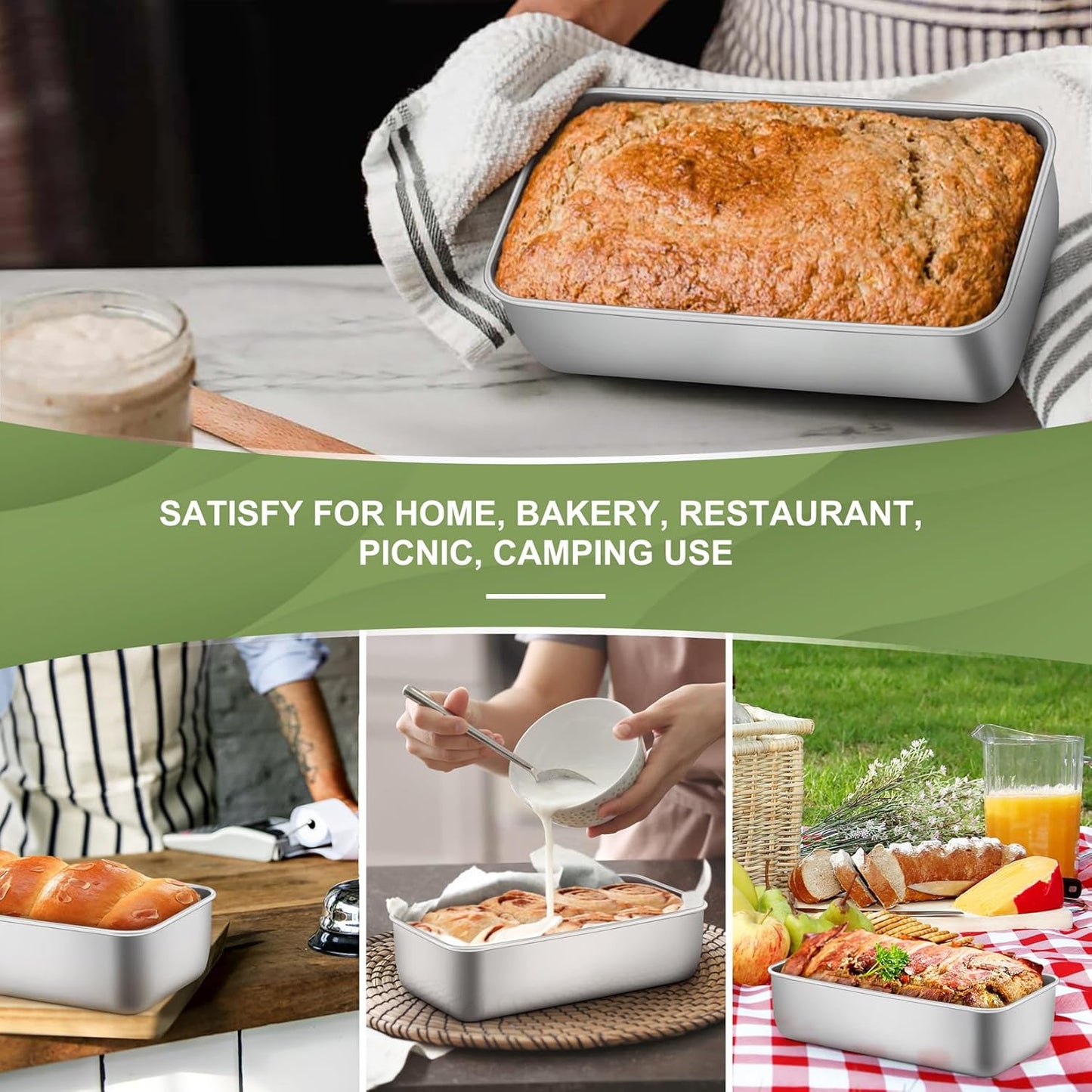 P&P CHEF Loaf Pan Set, 9 x 5 Inch Bread Pans, Stainless Steel Loaf Toast Baking Pans For Bread Meatloaf Lasagna Cake, Healthy & Non Toxic, Oven & Dishwasher Safe,(Silver, 3Pcs)