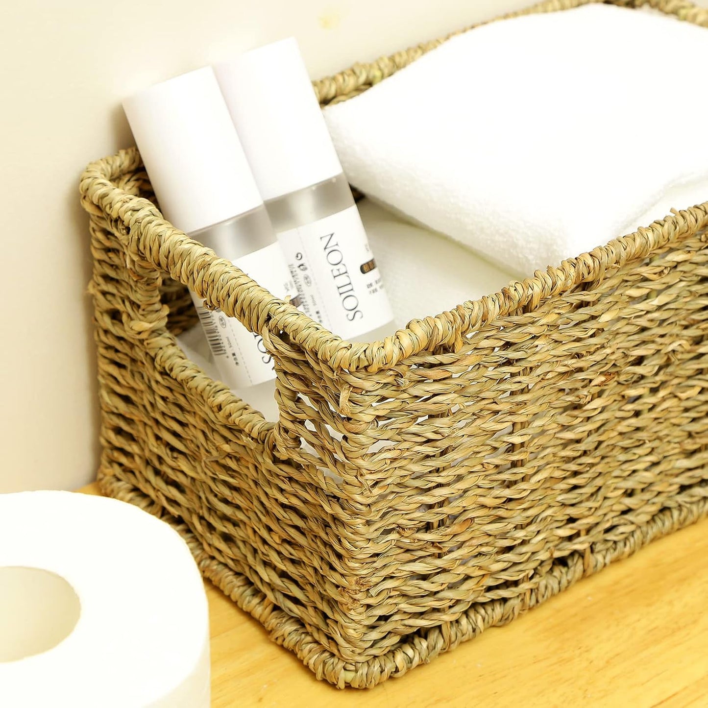 HOONEX Wicker Baskets for Storage, Seagrass Baskets with Dual Handles, Woven Baskets for Shelves, Set of 2, Natural