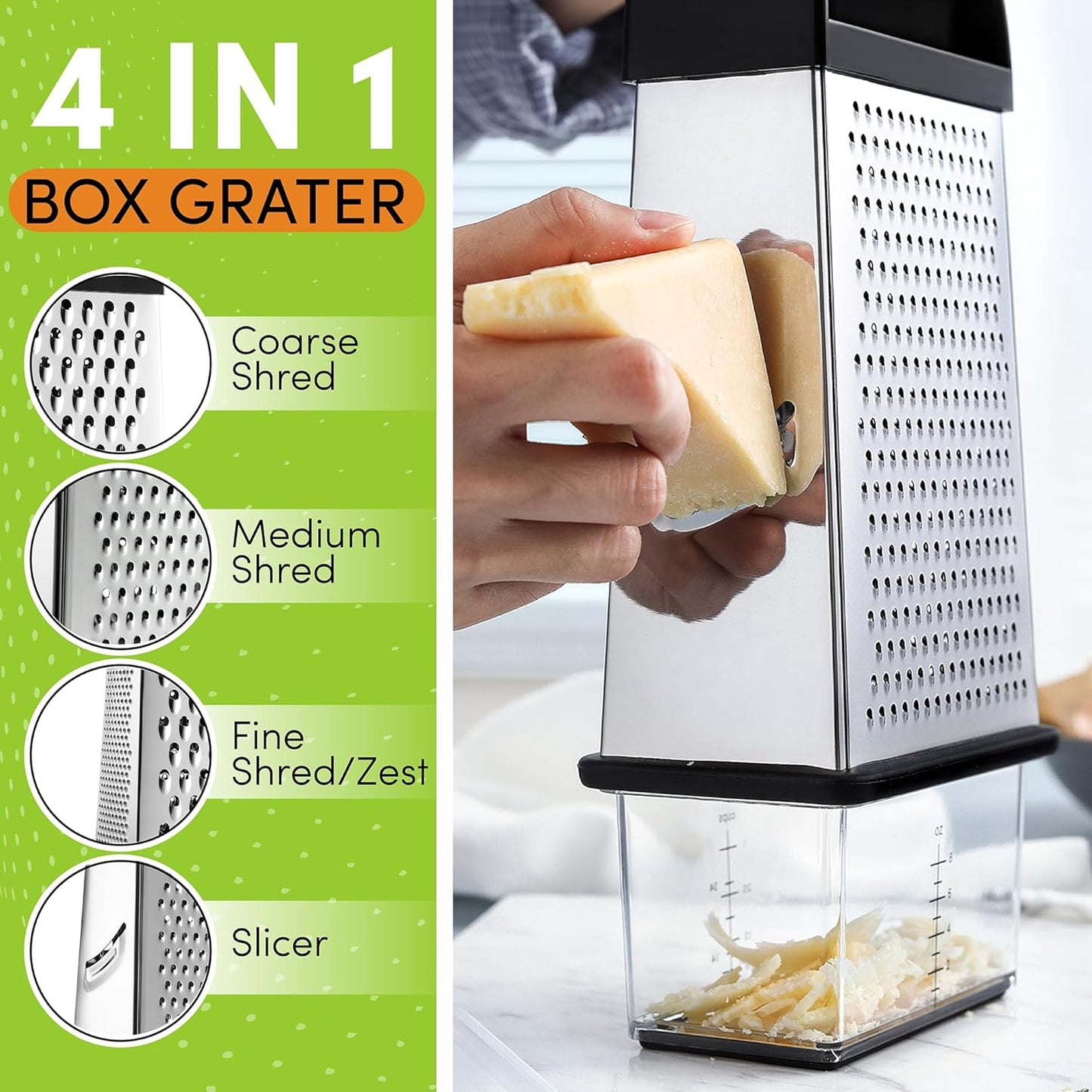 Spring Chef Professional 10" Parmesan Cheese Grater With Container, Stainless Steel & Soft Grip Handle, 4 Sided Kitchen Cheese Shredder, Handheld Box Grater for Vegetables, Potato, Carrot - Black