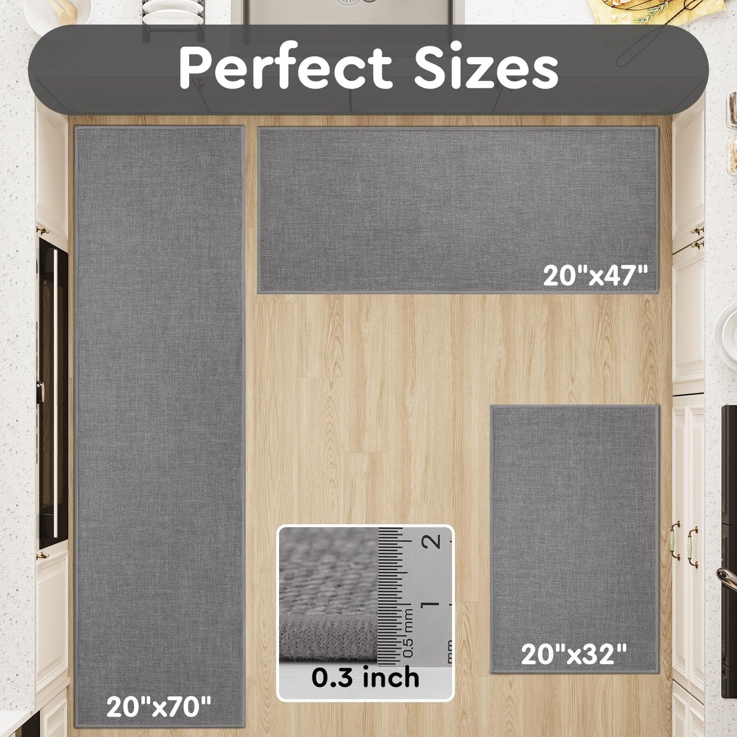 tchdio Kitchen Mats for Floor, Rubber Backed Kitchen Rugs Non Slip Washable, Superior Absorbent Kitchen Runner Rug Easy to Clean, Comfort Kitchen Floor Mat Front of Sink (Grey, 20" × 47")