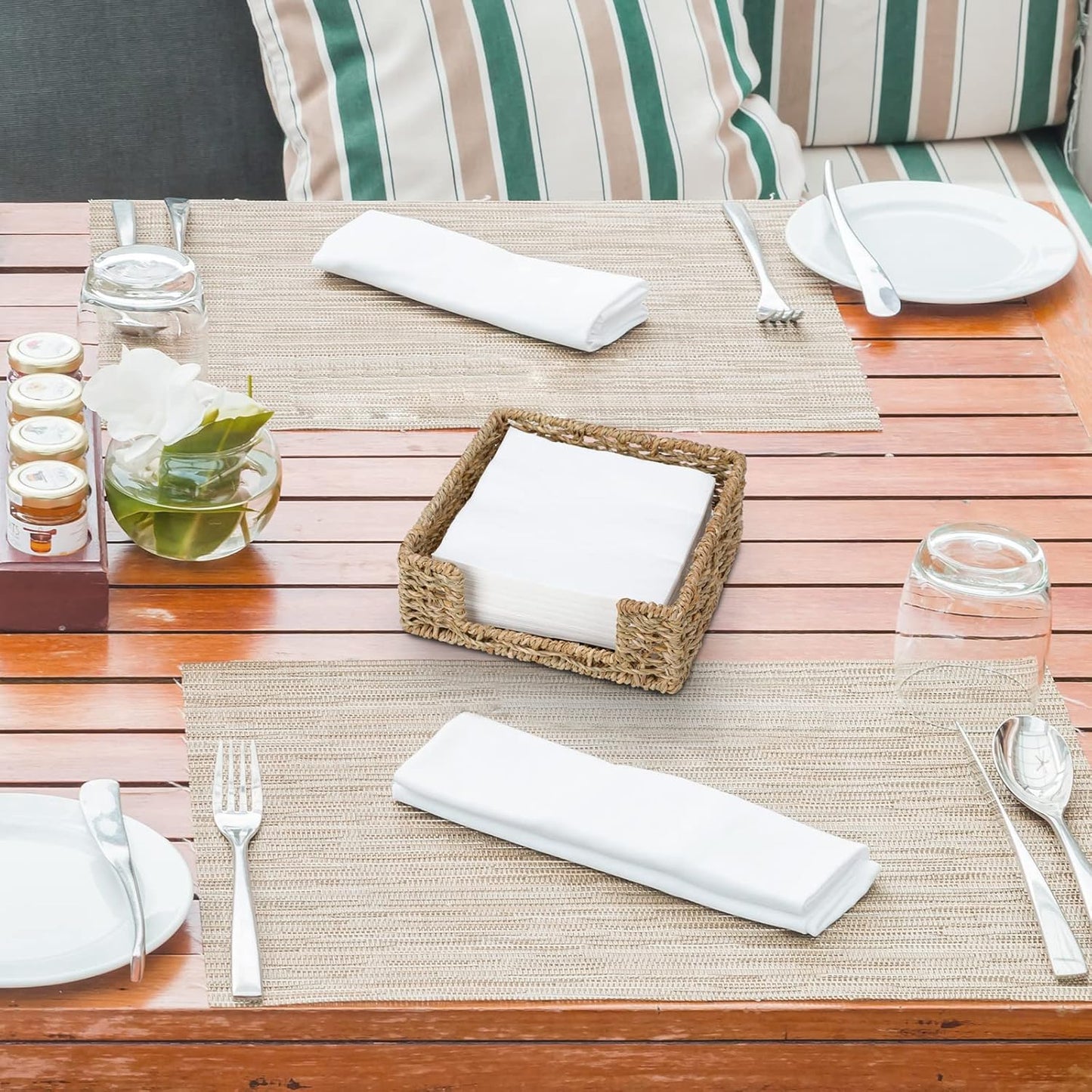 Ratten Napkin Holder for Table, Square Seagrass Serving Tray for Paper Napkins Kitchen Restaurant Dinner Wicker Baskets 7.8" x 7.8" x 2.8"