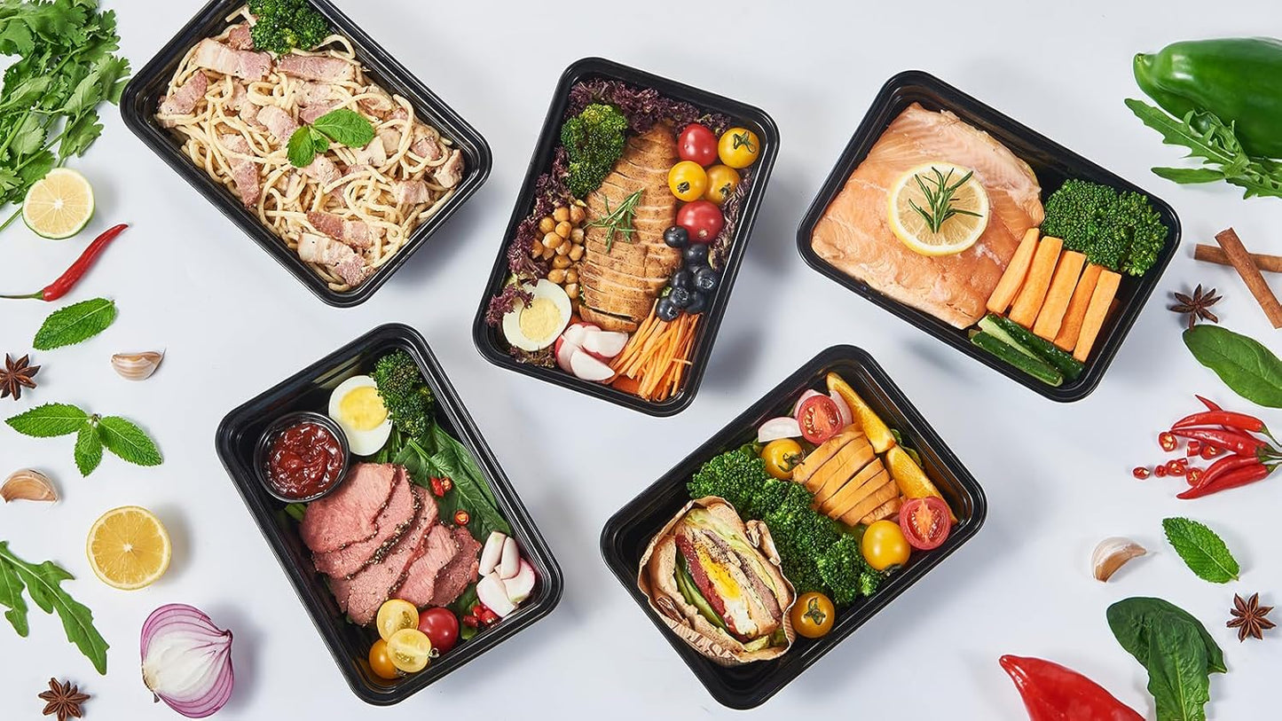 FULING 32 oz 150Pack Plastic Meal Prep Food Storage Containers with Lids Reusable 1 Compartment To Go Lunch Box Black Extra Large &Thick Microwave Freezer Dishwasher Safe BPA Free Stackable